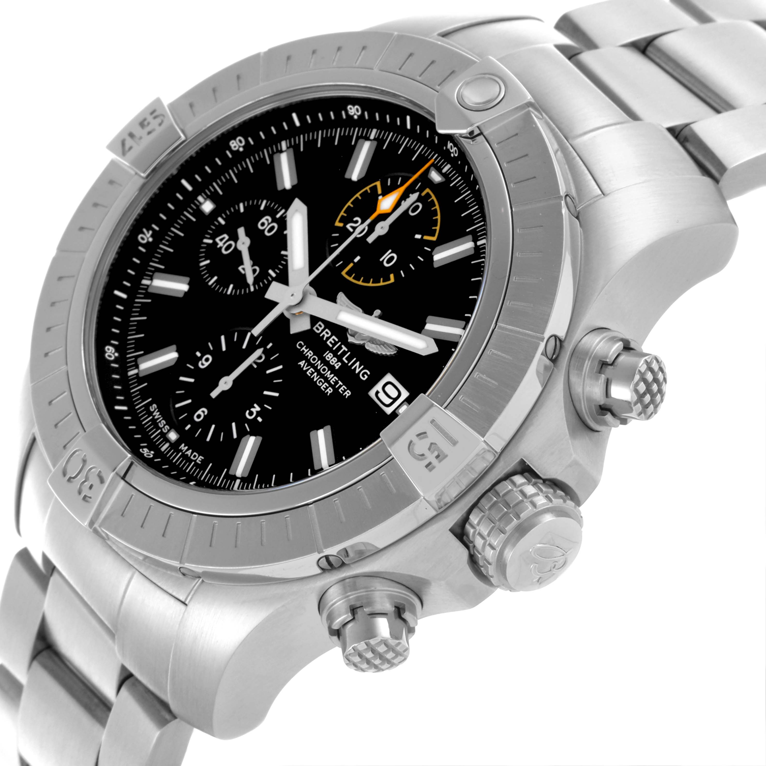 The Breitling Avenger A13317101B1A1 Men's Stainless Steel Black Dial A13317101B1A1 Men's Stainless Steel Black Dial watch is shown from a three-quarter angle, highlighting the bezel, dial, pushers, and bracelet.