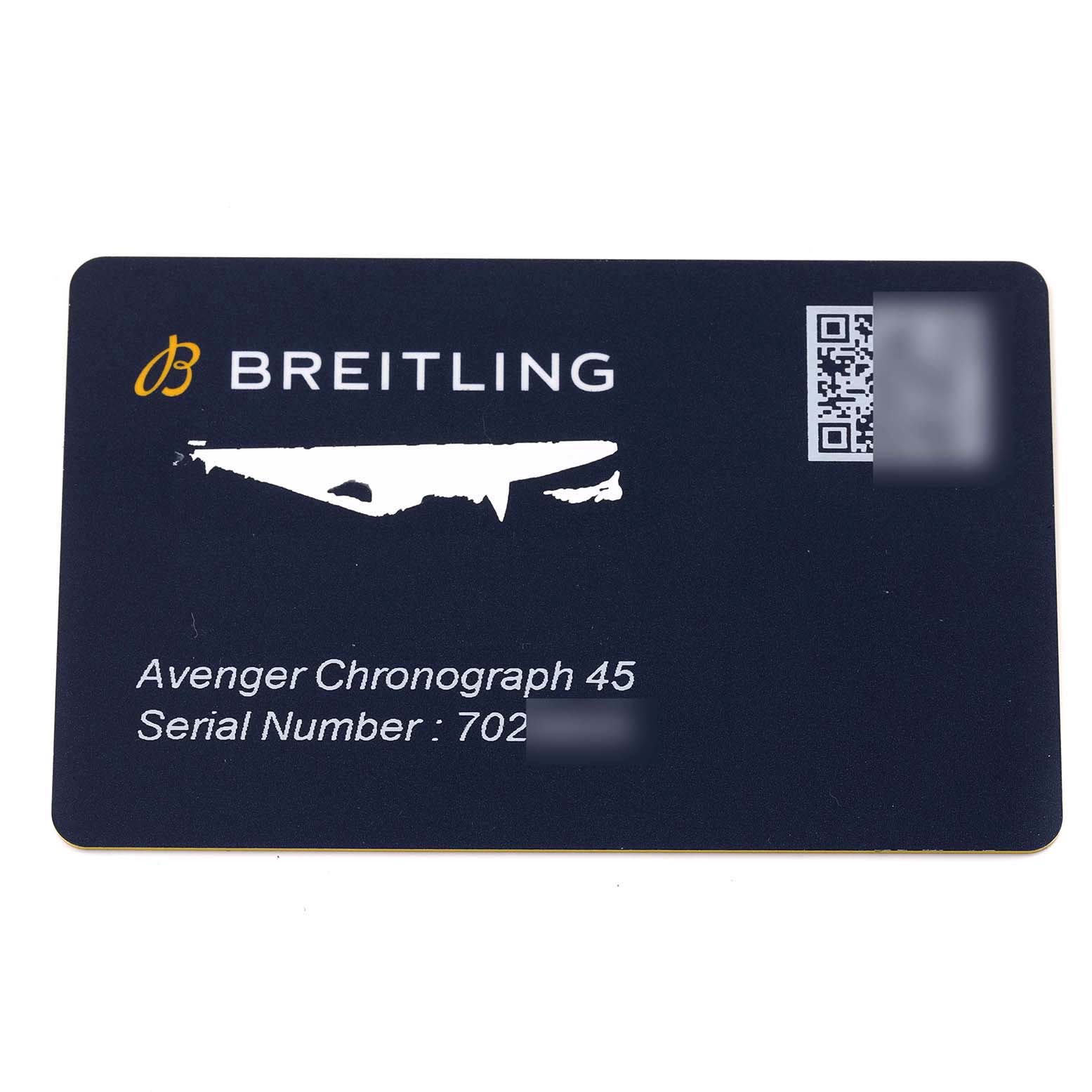 The image shows a warranty or certification card for the Breitling Avenger A13317101B1A1 Men's Stainless Steel Black Dial Chronograph 45 watch.