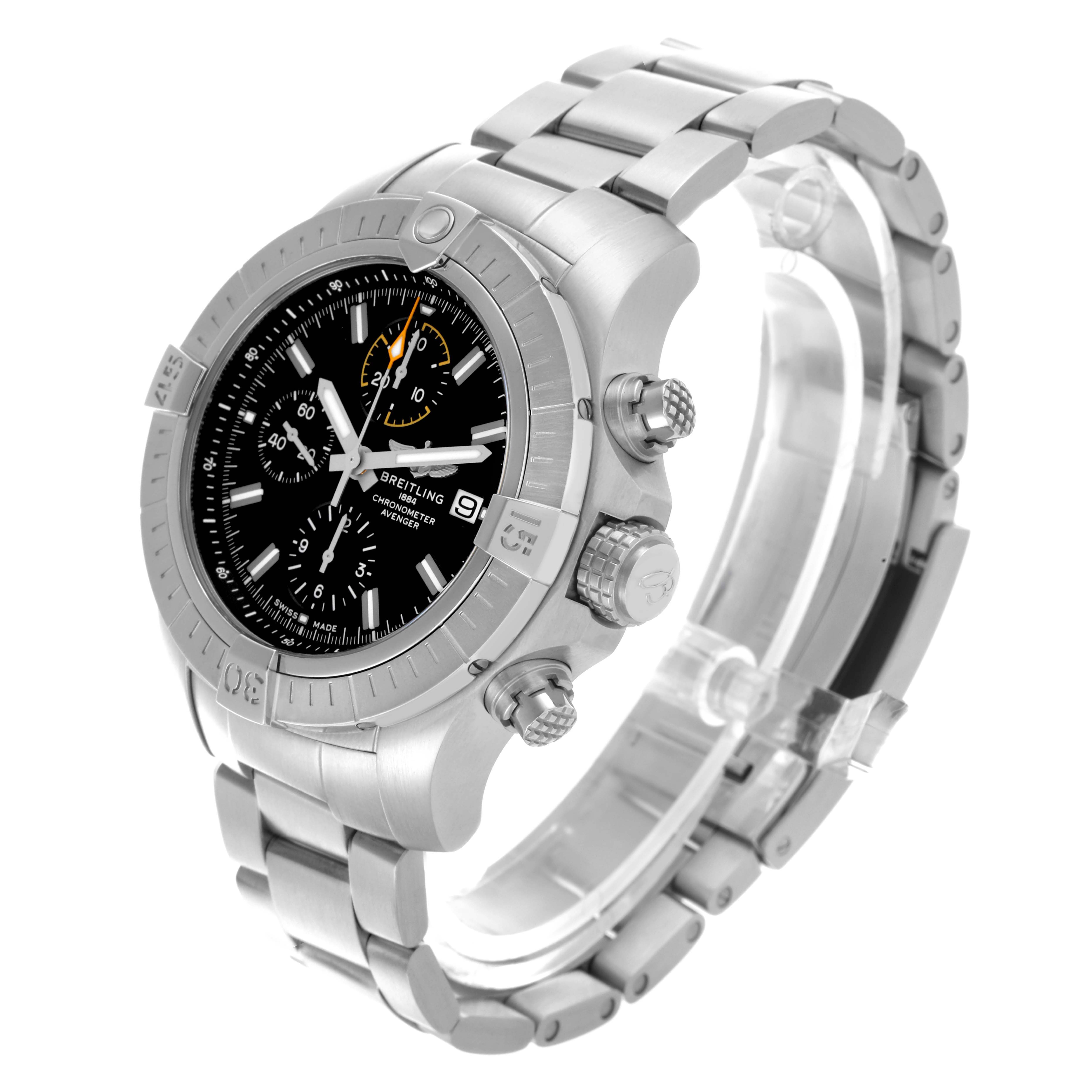 The Breitling Avenger A13317101B1A1 Men's Stainless Steel Black Dial watch is shown at a three-quarter angle, highlighting its bezel, dial, and bracelet.