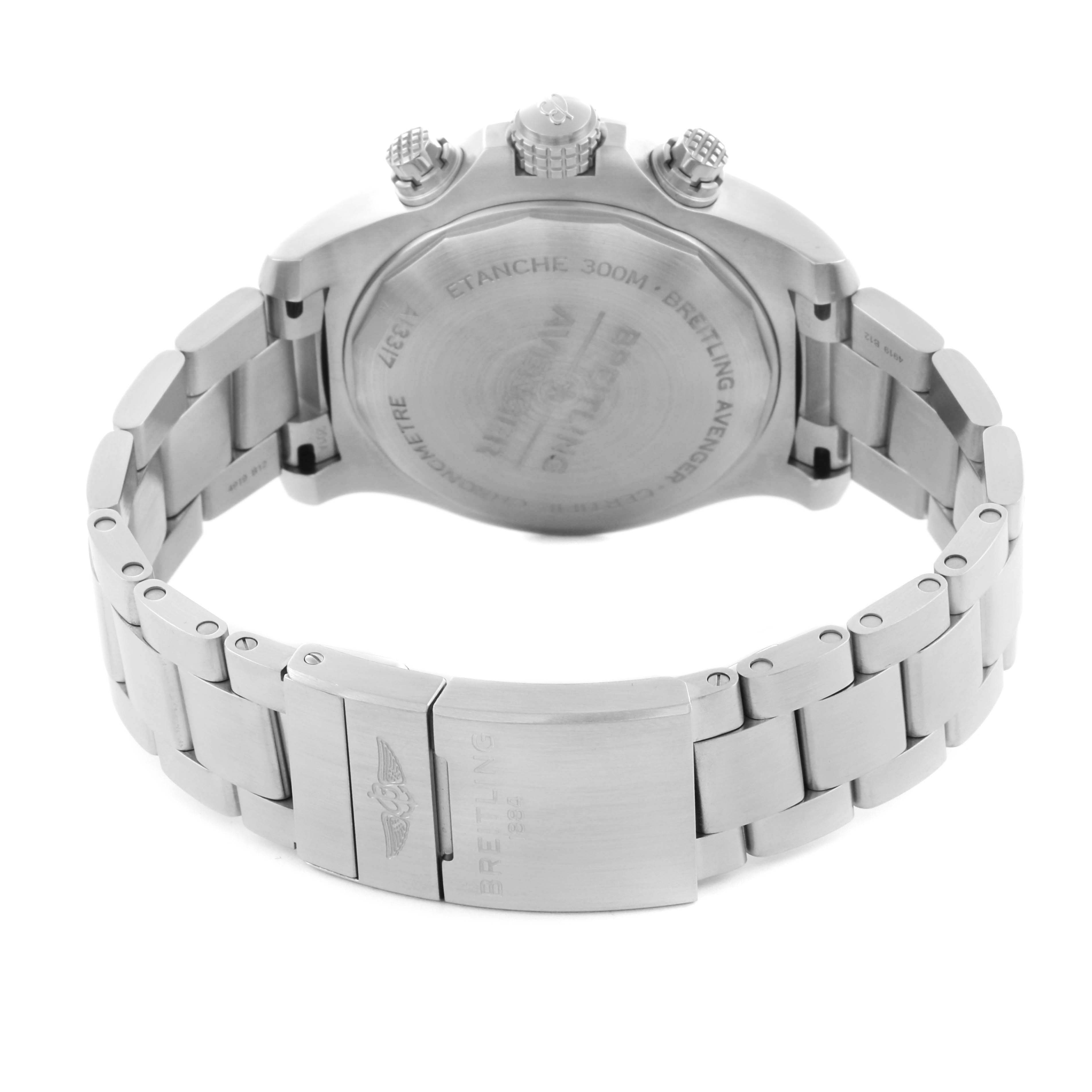 The image shows the back view of a Breitling Avenger A13317101B1A1 Men's Stainless Steel Black Dial watch, highlighting the case back and stainless steel bracelet.