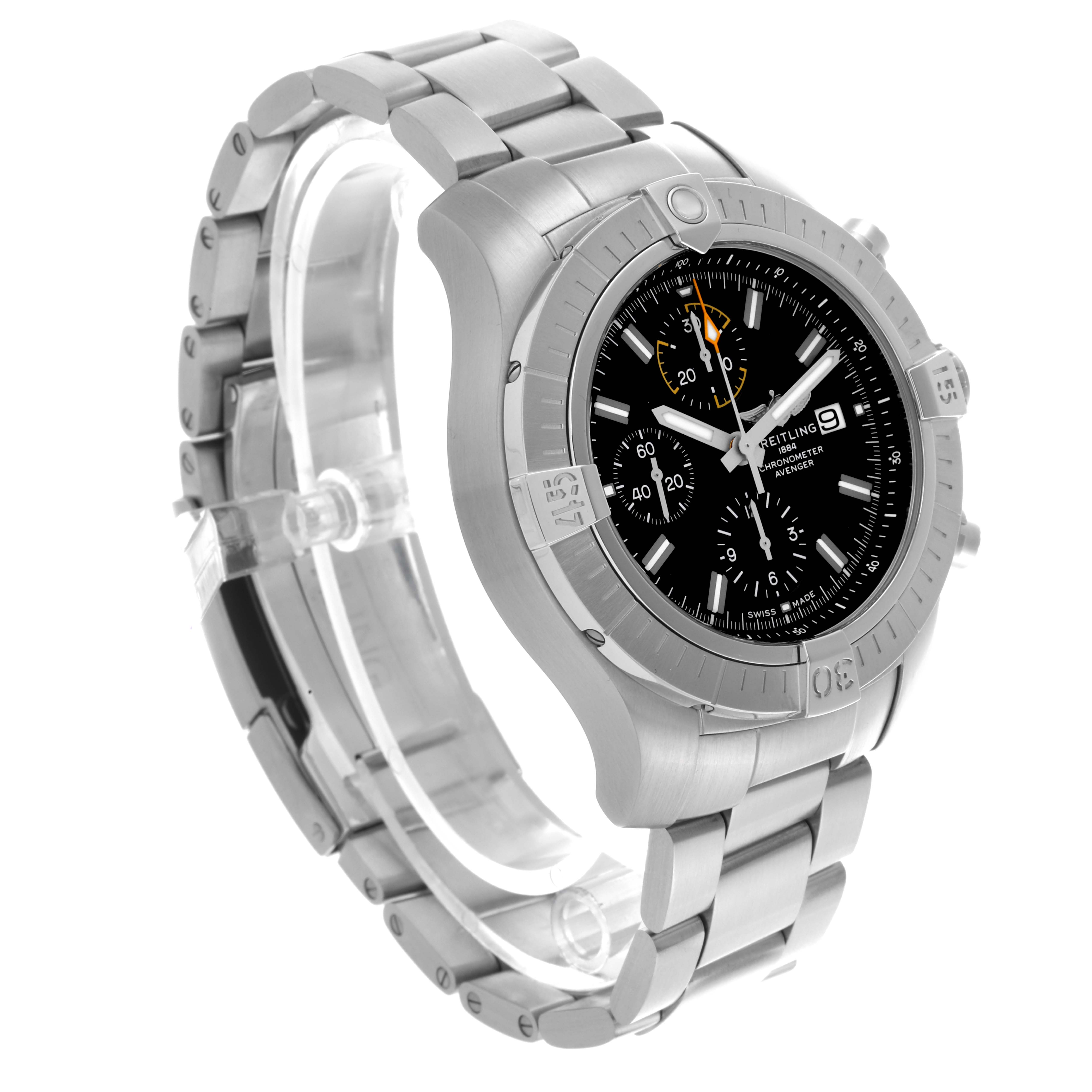 The image shows the Breitling Avenger A13317101B1A1 Men's Stainless Steel Black Dial A13317101B1A1 Men's Stainless Steel Black Dial watch from a front-left angle, highlighting the bezel, dial, subdials, and bracelet.
