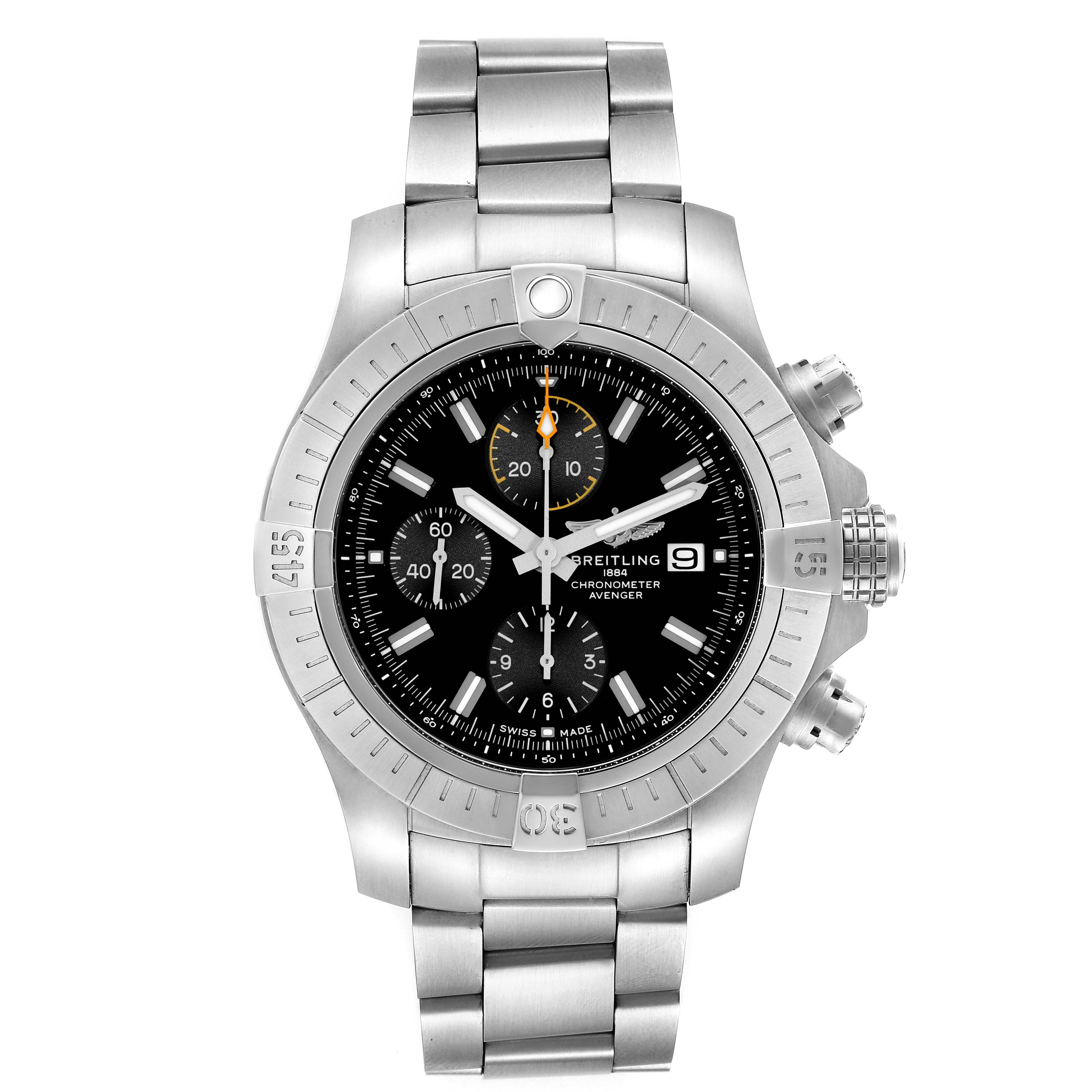 The Breitling Avenger A13317101B1A1 Men's Stainless Steel Black Dial model is shown from a frontal view featuring the dial, bezel, pushers, and stainless steel bracelet.