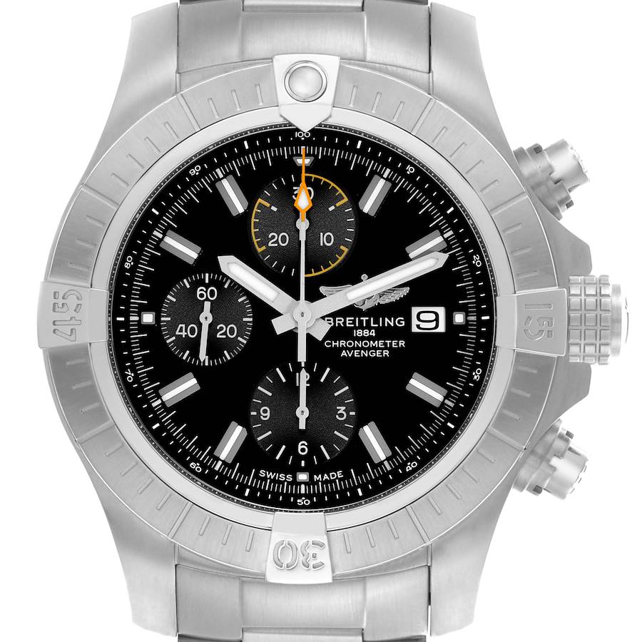 The Breitling Avenger watch is shown from a top-down angle, displaying its bezel, dial, subdials, and stainless steel bracelet.