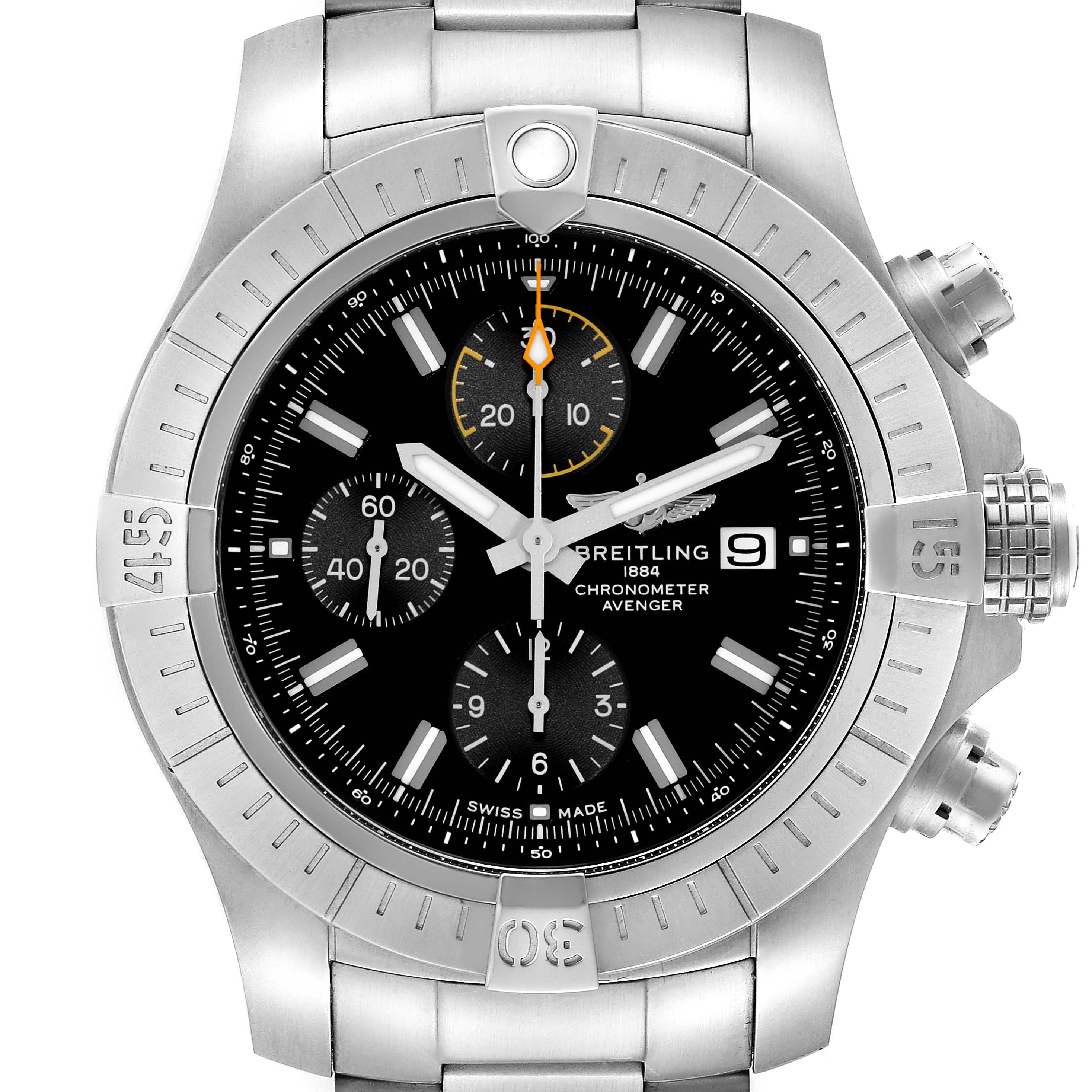 The Breitling Avenger A13317101B1A1 Men's Stainless Steel Black Dial watch is shown from a top-down angle, highlighting its bezel, dial, subdials, and chronograph pushers.
