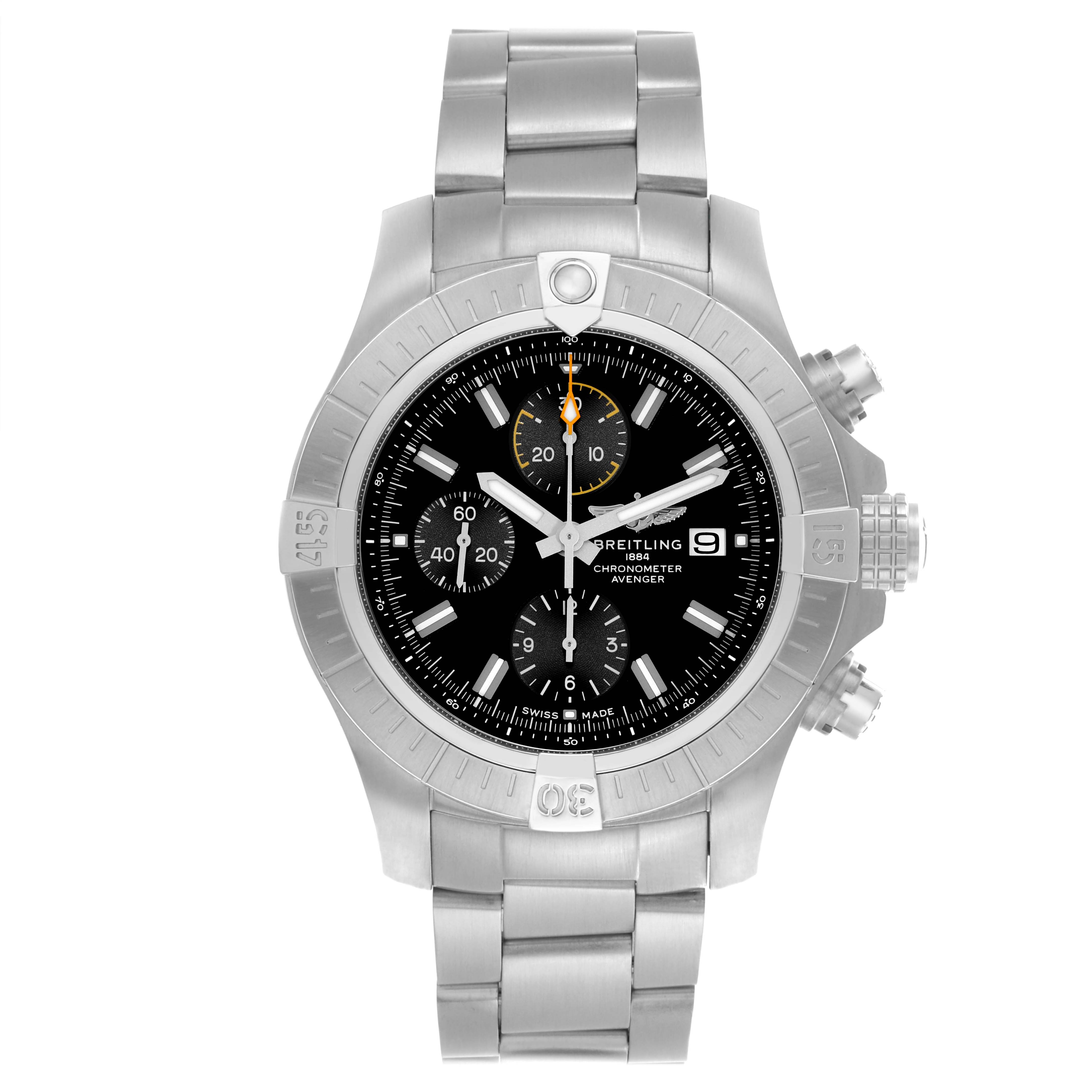 The Breitling Avenger A13317101B1A1 Men's Stainless Steel Black Dial A13317101B1A1 Men's Stainless Steel Black Dial watch is shown from a front angle, displaying the face, bezel, and metal bracelet.