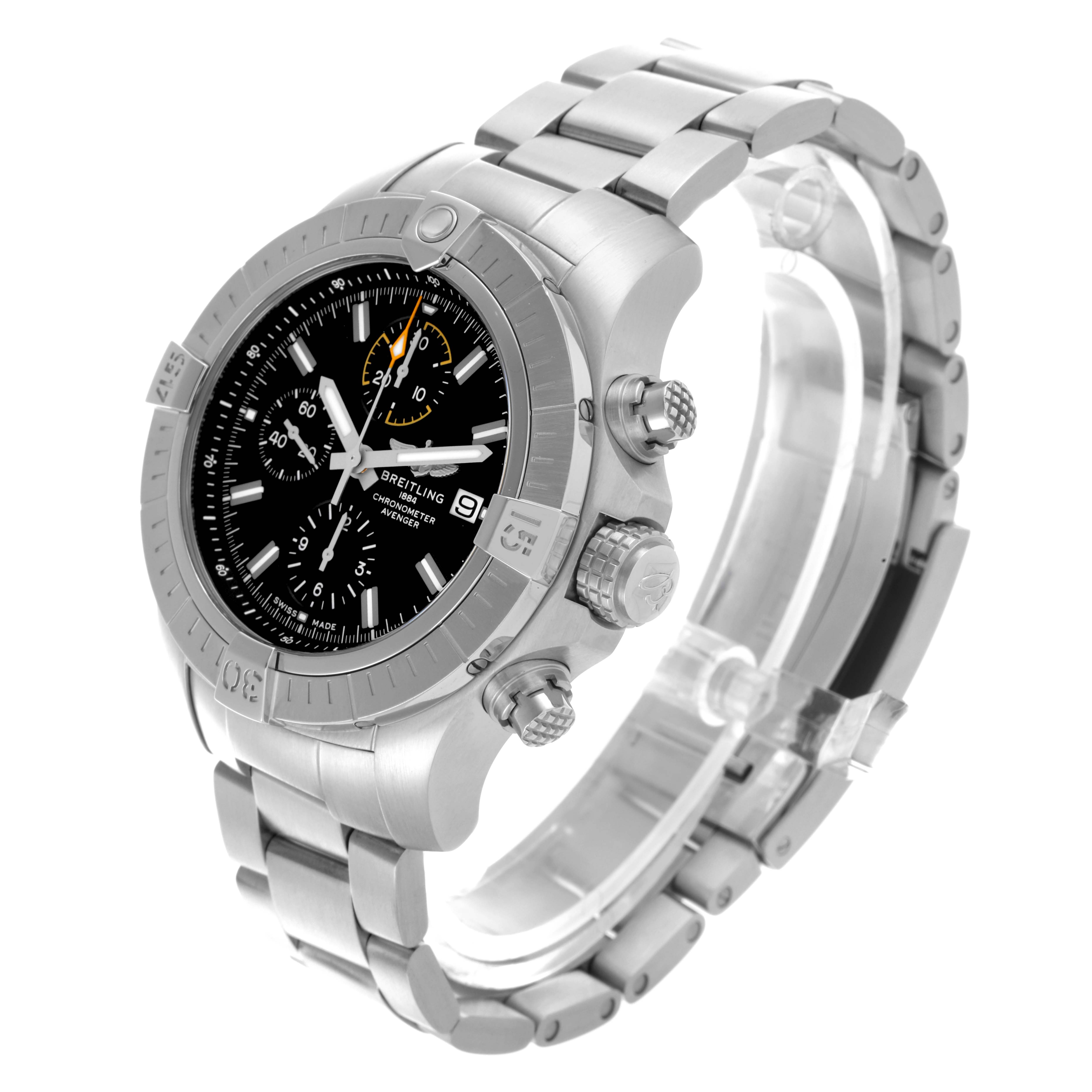 The Breitling Avenger A13317101B1A1 Men's Stainless Steel Black Dial A13317101B1A1 Men's Stainless Steel Black Dial watch is shown at an oblique angle, highlighting the bezel, dial, and metal bracelet.