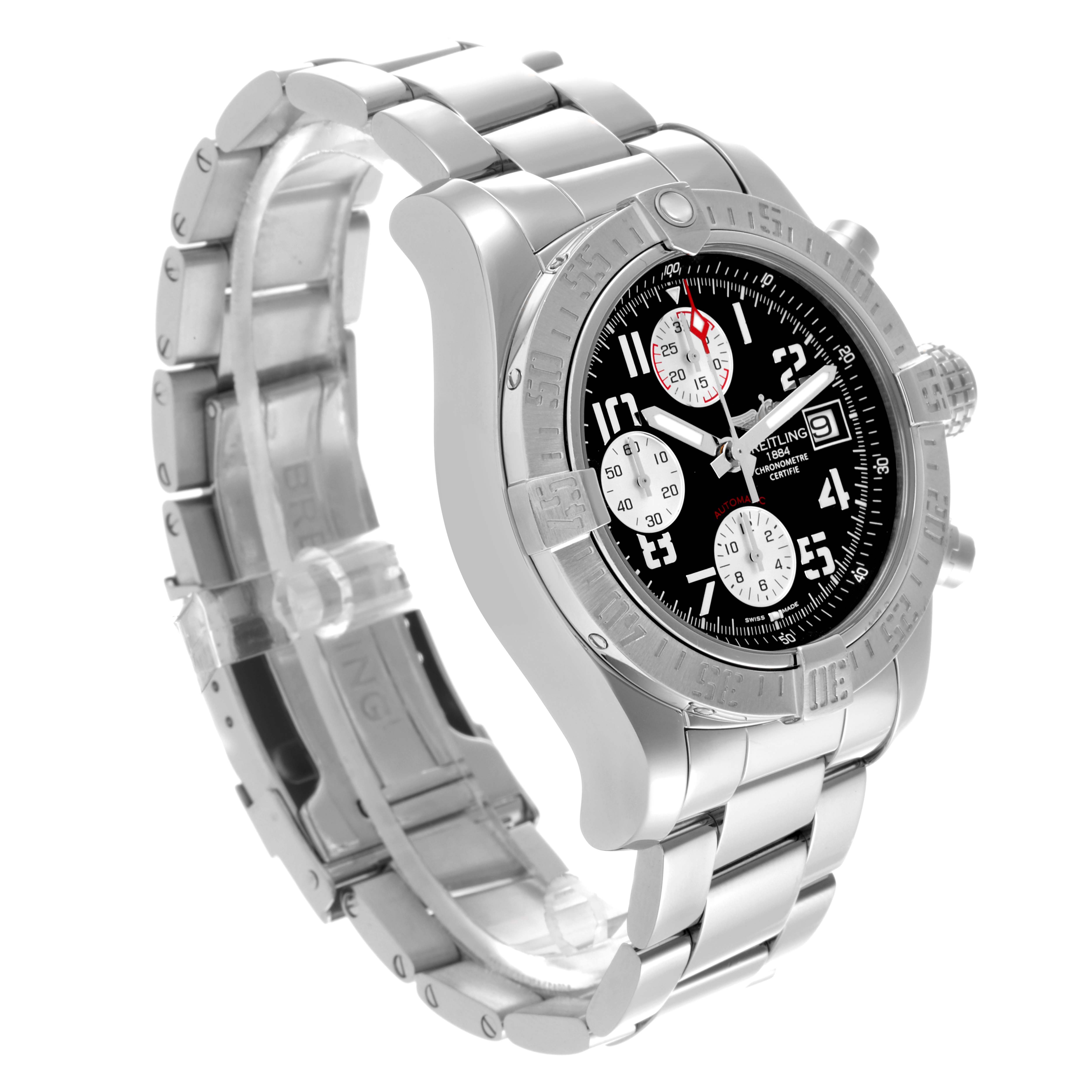 The Breitling Avenger A13381 Men's Stainless Steel Black Dial A13381 Men's Stainless Steel Black Dial watch is shown at a slight side angle, highlighting the case, bezel, bracelet, and dial with subdials.