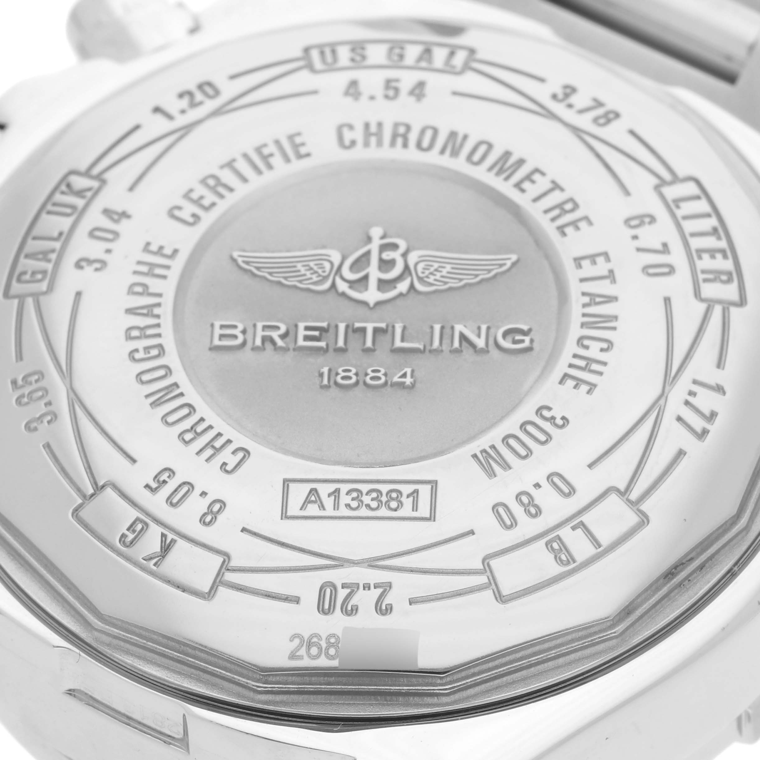 The image shows the back case of the Breitling Avenger A13381 Men's Stainless Steel Black Dial A13381 Men's Stainless Steel Black Dial watch, highlighting its engravings and model information.