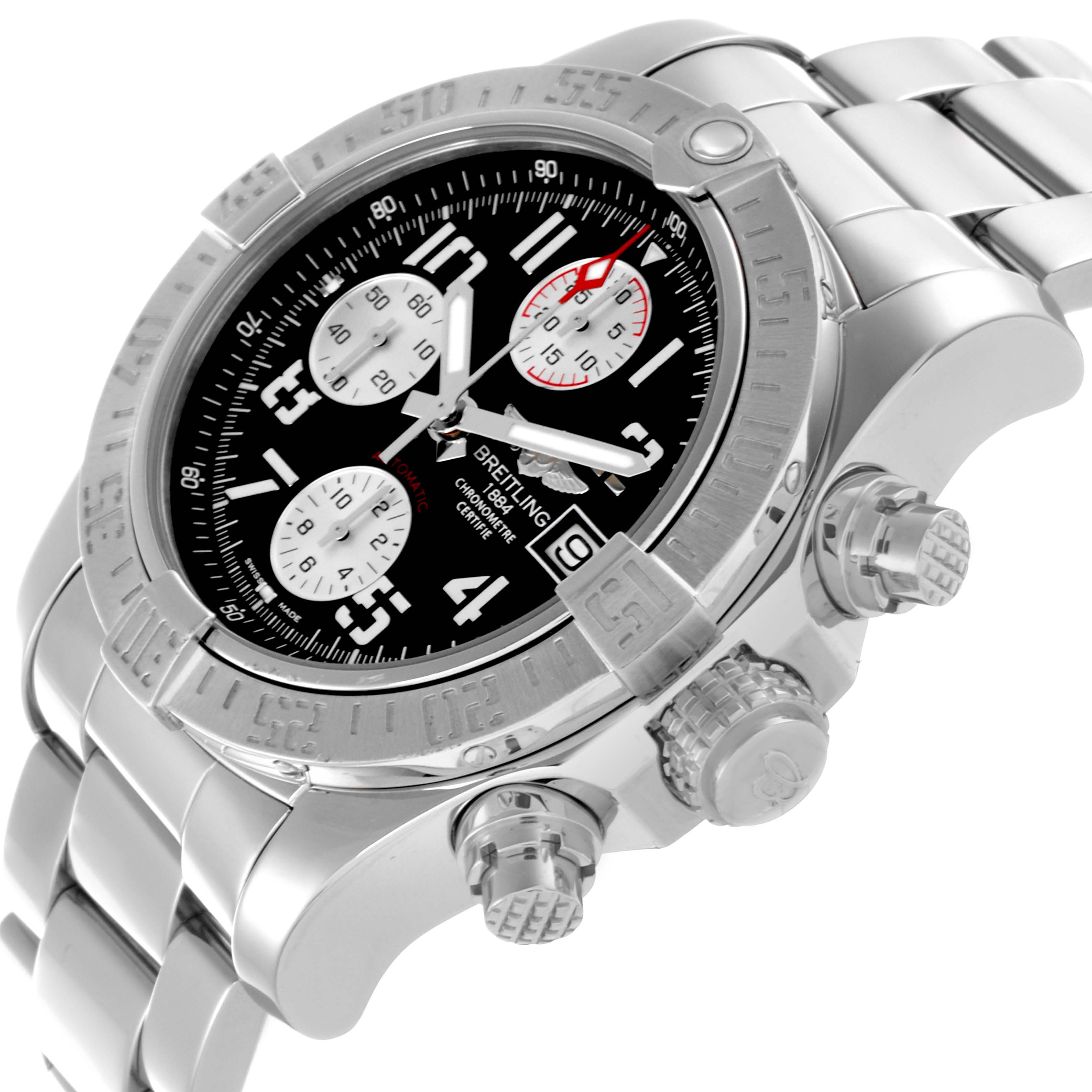 The Breitling Avenger A13381 Men's Stainless Steel Black Dial A13381 Men's Stainless Steel Black Dial watch is shown at an angle highlighting the bezel, crown, chronograph pushers, and bracelet.