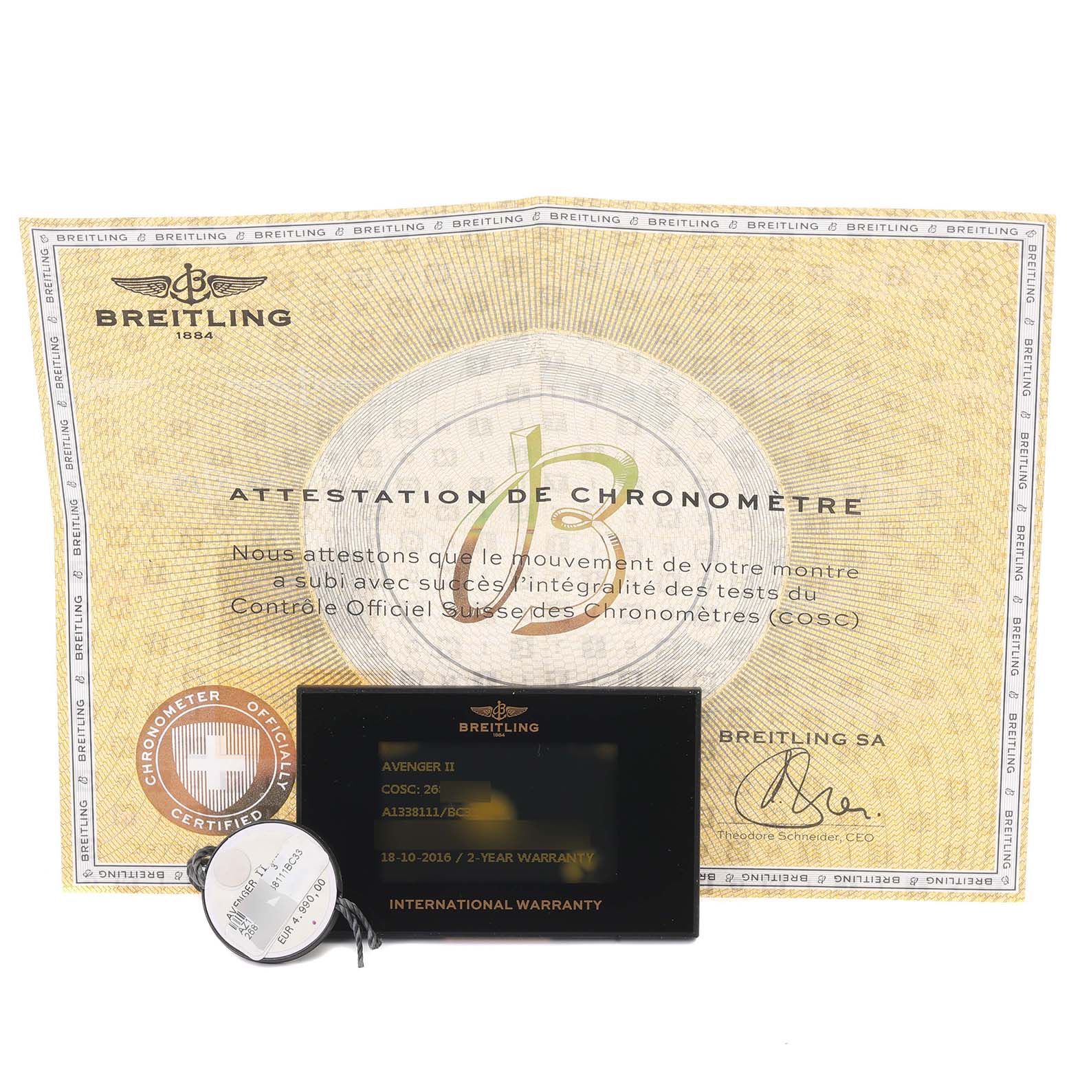 The image shows the Breitling Avenger A13381 Men's Stainless Steel Black Dial A13381 Men's Stainless Steel Black Dial II documentation, including a chronometer certificate and international warranty card.