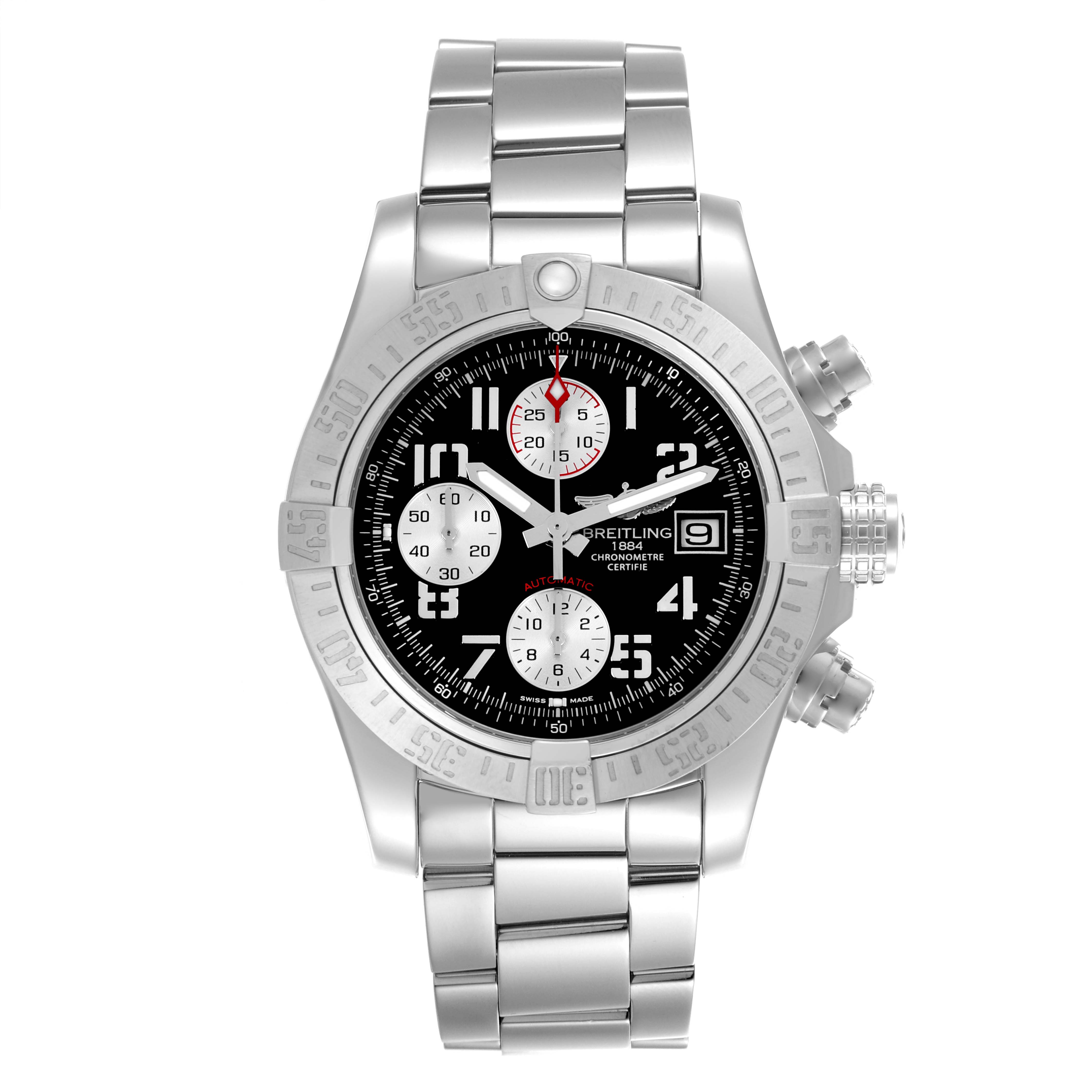 The image shows a Breitling Avenger A13381 Men's Stainless Steel Black Dial A13381 Men's Stainless Steel Black Dial watch from the front, highlighting the dial, bezel, and bracelet.