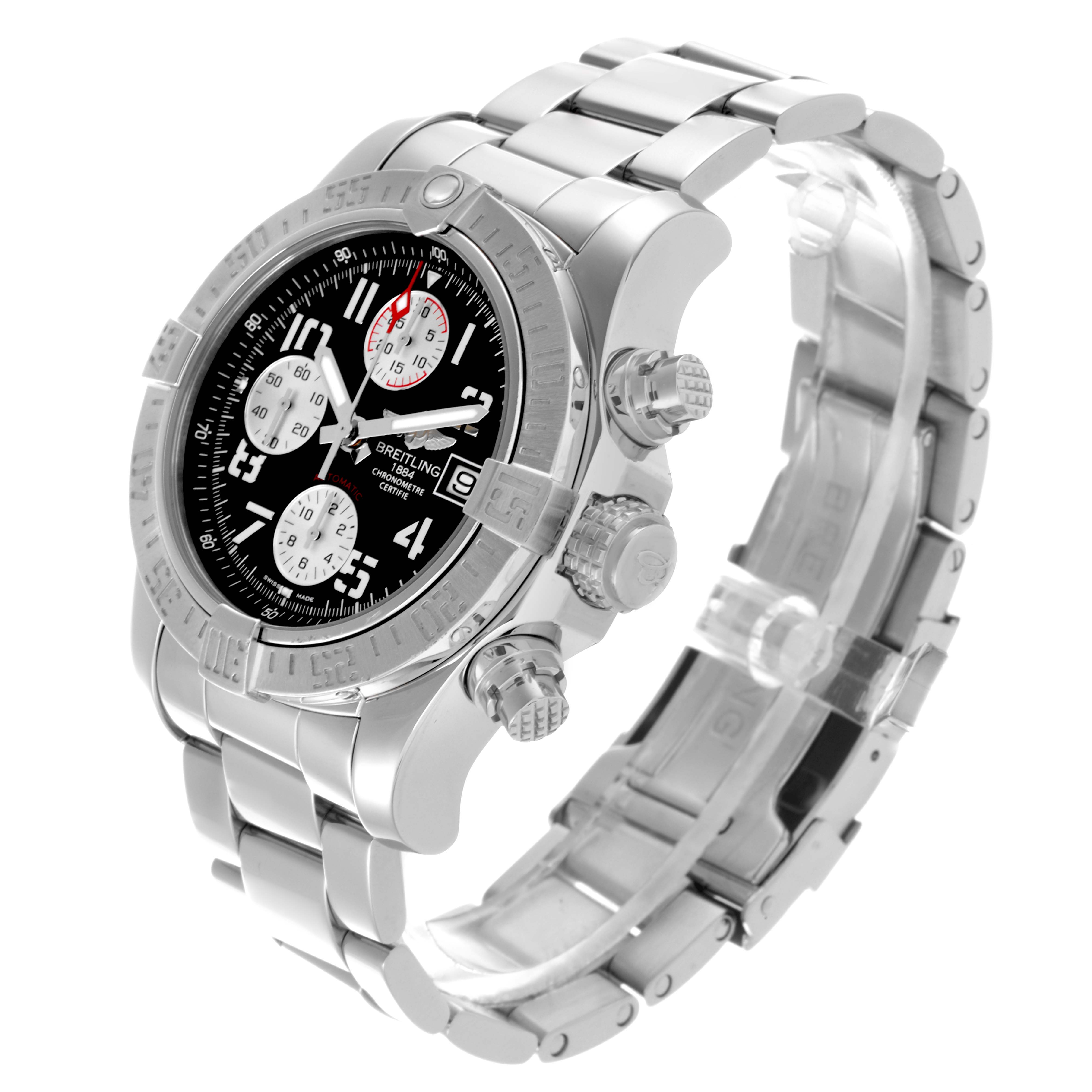 The Breitling Avenger A13381 Men's Stainless Steel Black Dial A13381 Men's Stainless Steel Black Dial watch is shown at a three-quarter angle, highlighting the face, bezel, crown, and bracelet.