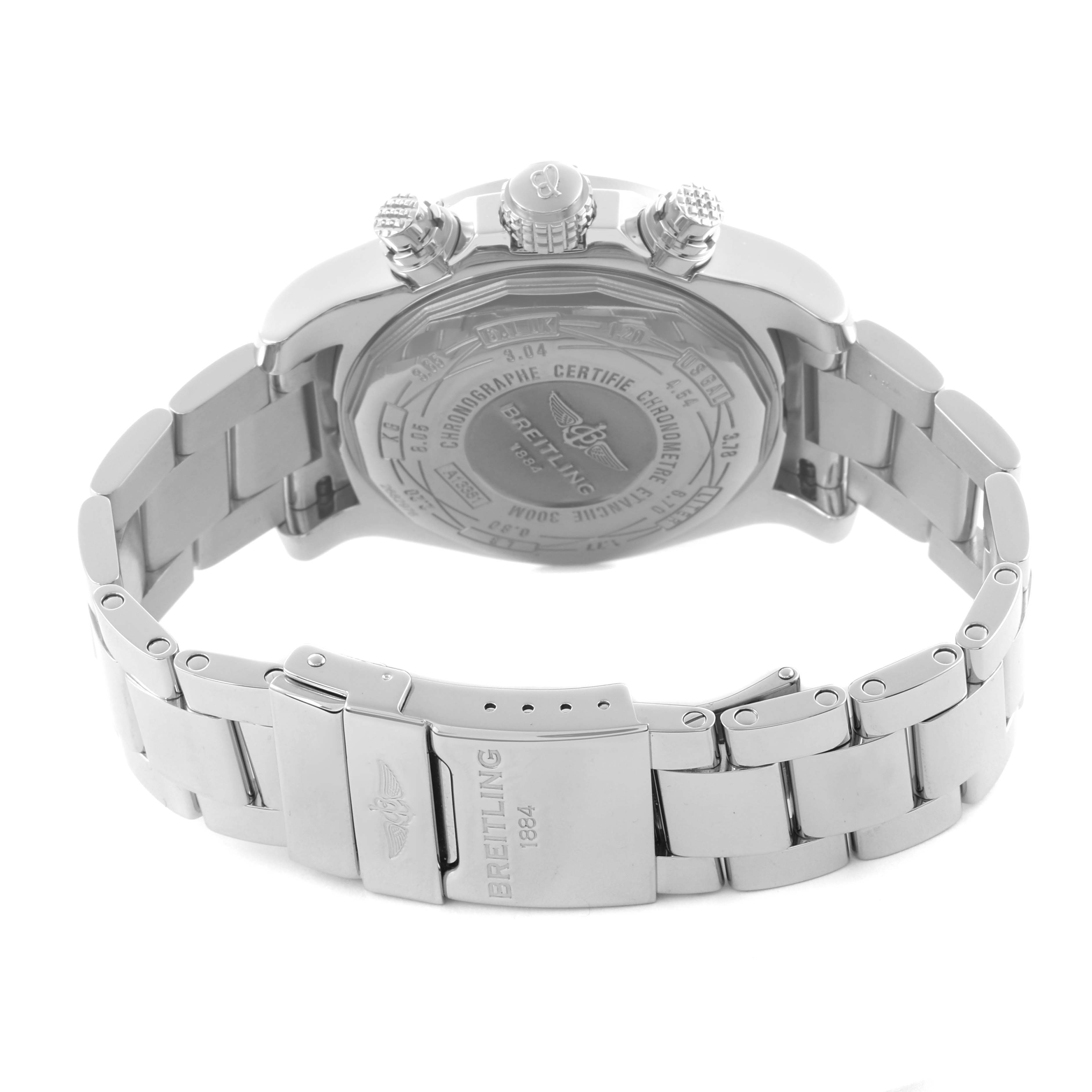 The image shows the back view of the Breitling Avenger A13381 Men's Stainless Steel Black Dial A13381 Men's Stainless Steel Black Dial watch, highlighting the clasp and case back engravings.