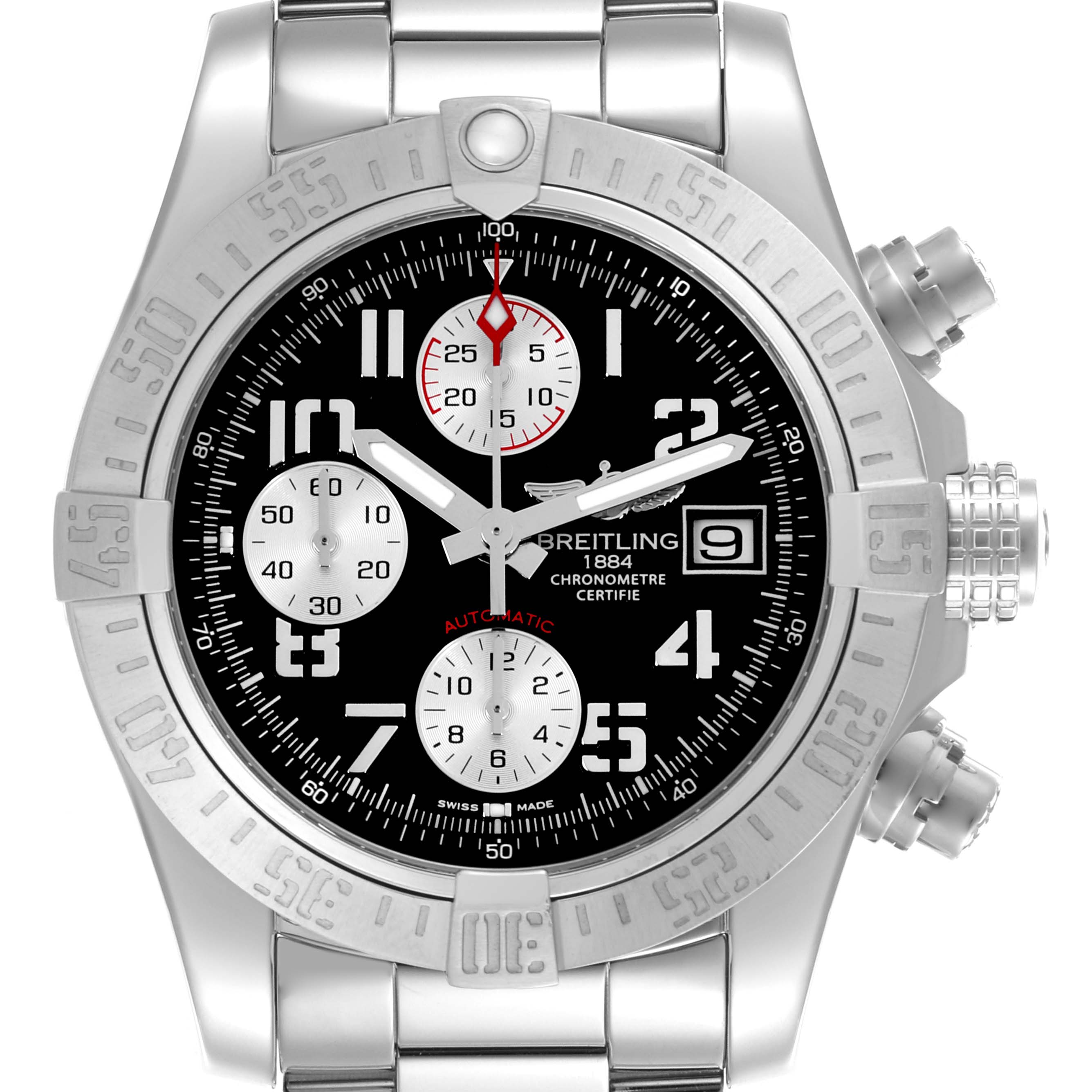 The Breitling Avenger A13381 Men's Stainless Steel Black Dial A13381 Men's Stainless Steel Black Dial watch is shown from a front angle, displaying its dial, bezel, crown, and chronograph pushers.