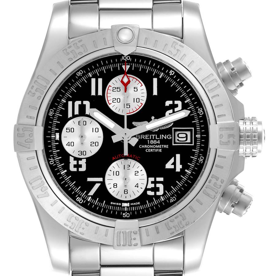 The Breitling Avenger watch is shown from a front angle, displaying its dial, bezel, crown, and chronograph pushers.