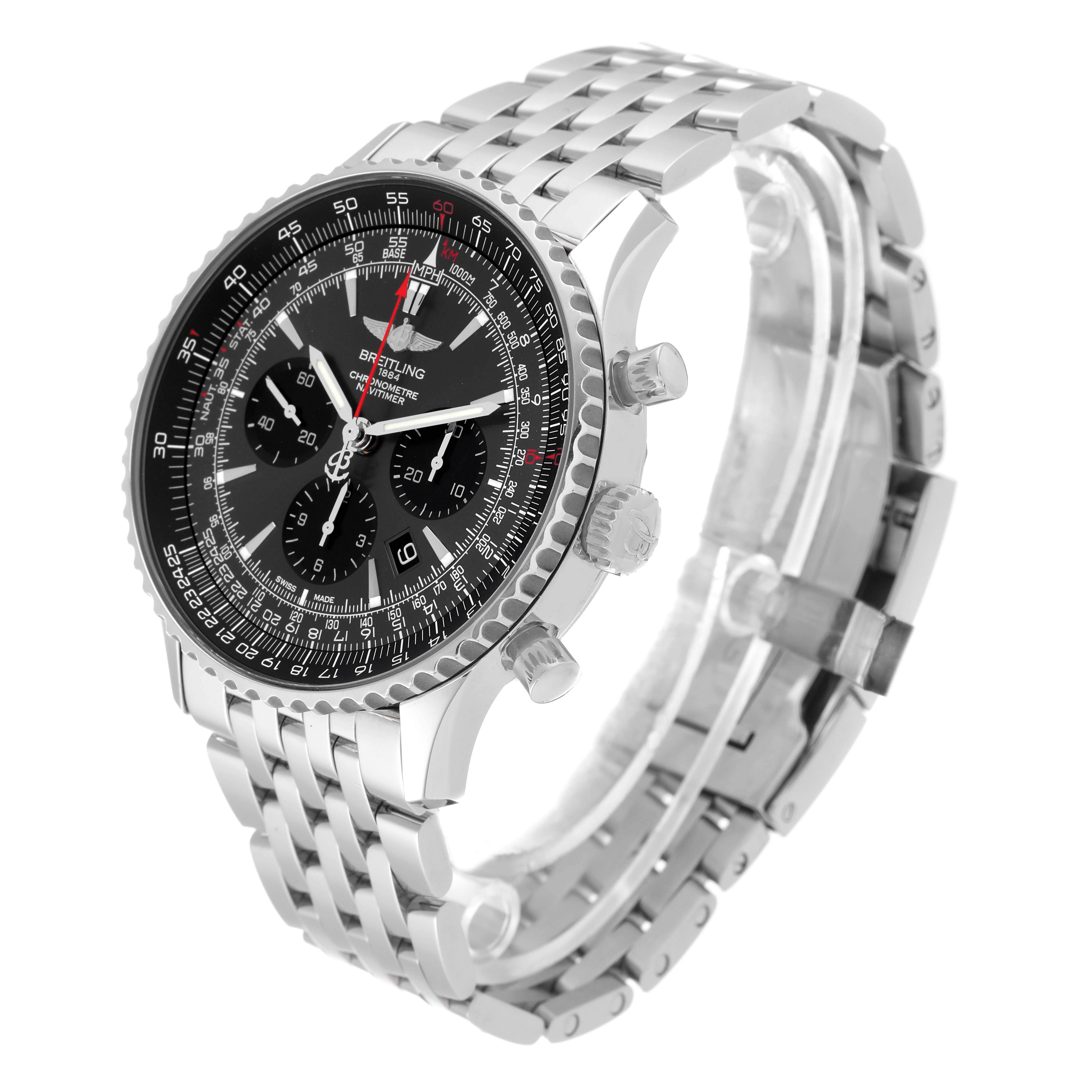 The image shows a side angle of a Breitling Limited Series watch, highlighting the face, bezel, crown, and bracelet.