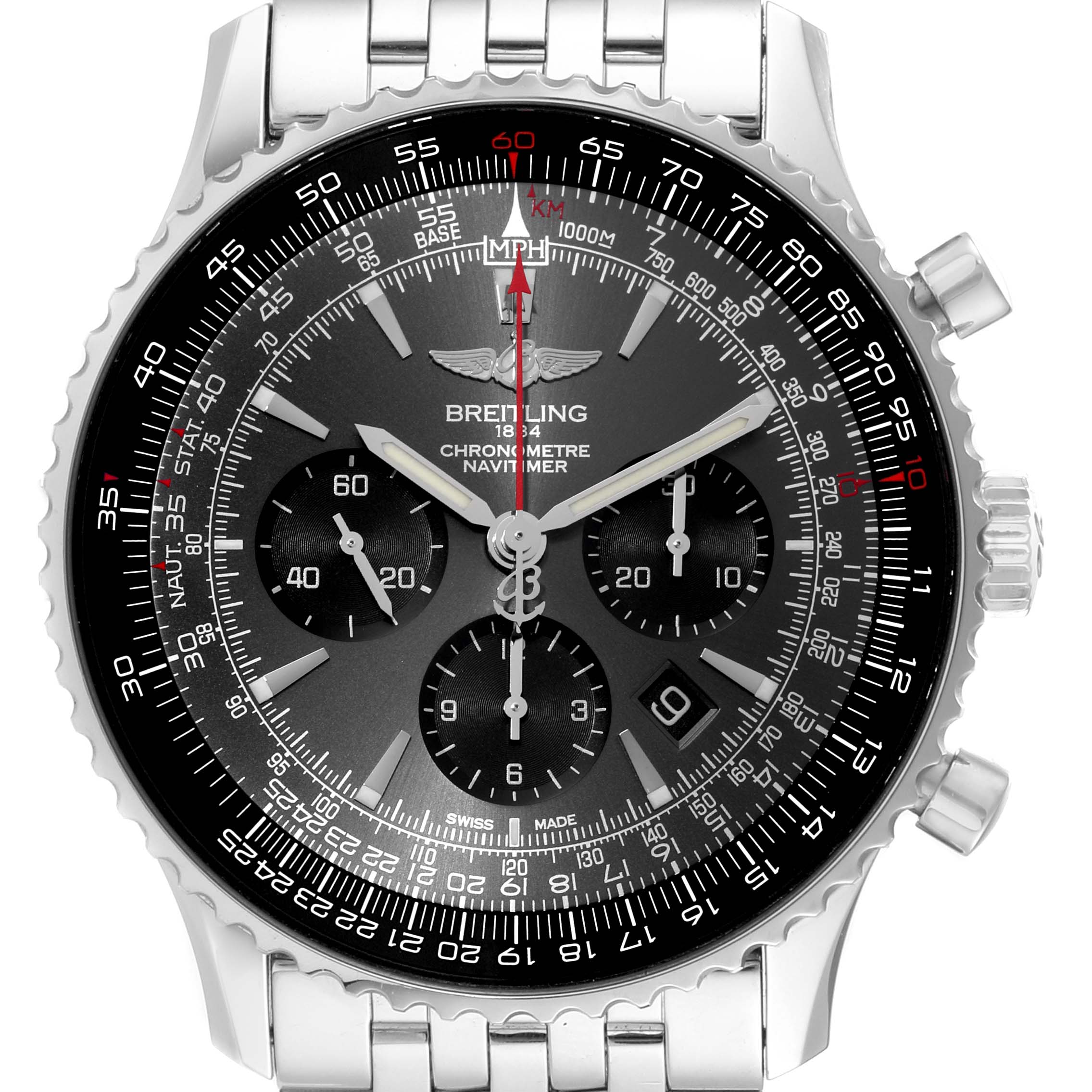 This image shows a close-up of the Breitling Navitimer AB01271A/F570 Men
s Stainless Steel Grey Dial AB01271A/F570 Men
s Stainless Steel Grey Dial watch face, highlighting its dials and stainless steel bracelet.
