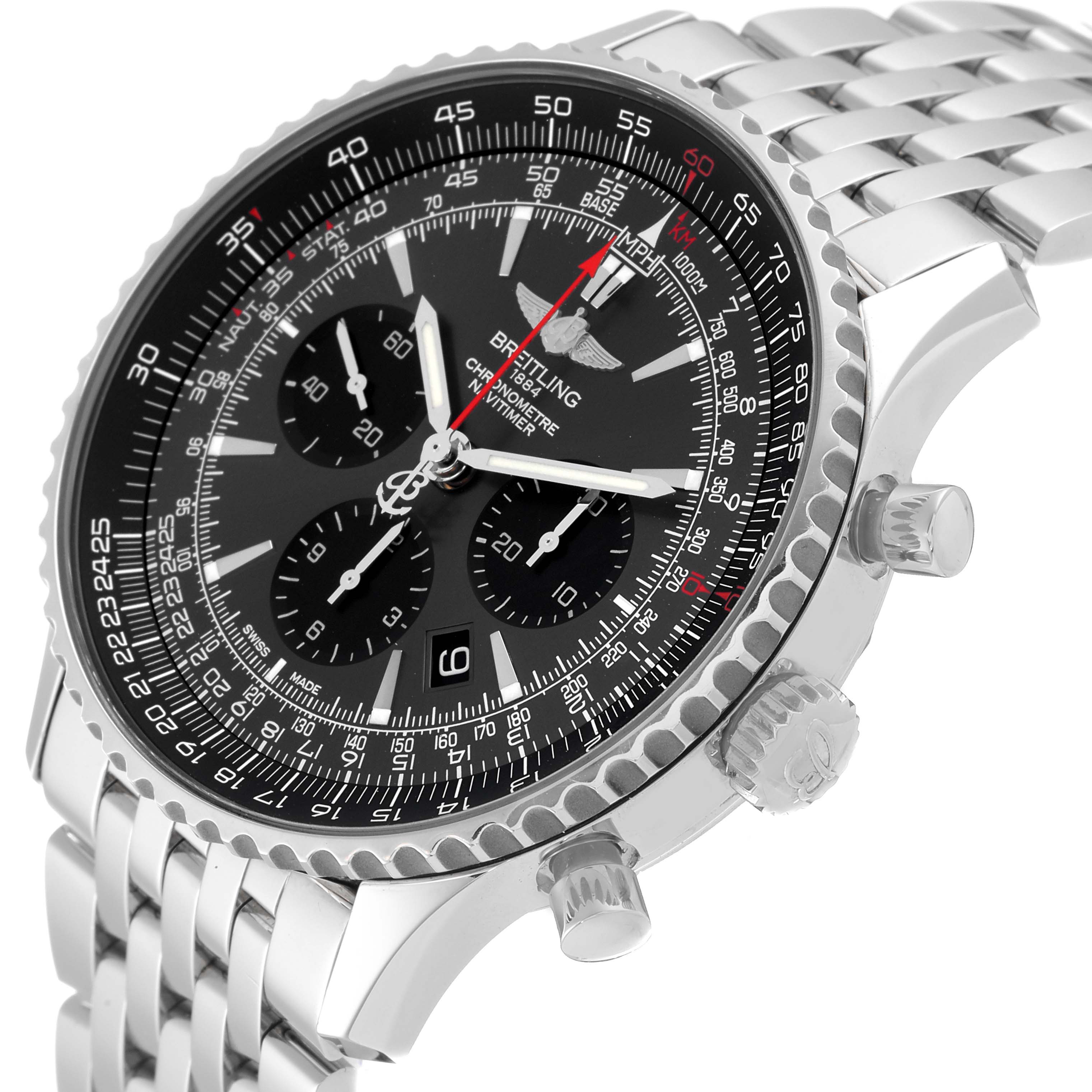 This image shows a close-up angle of the Breitling Limited Series watch, highlighting its dial, subdials, pushers, and metal band.