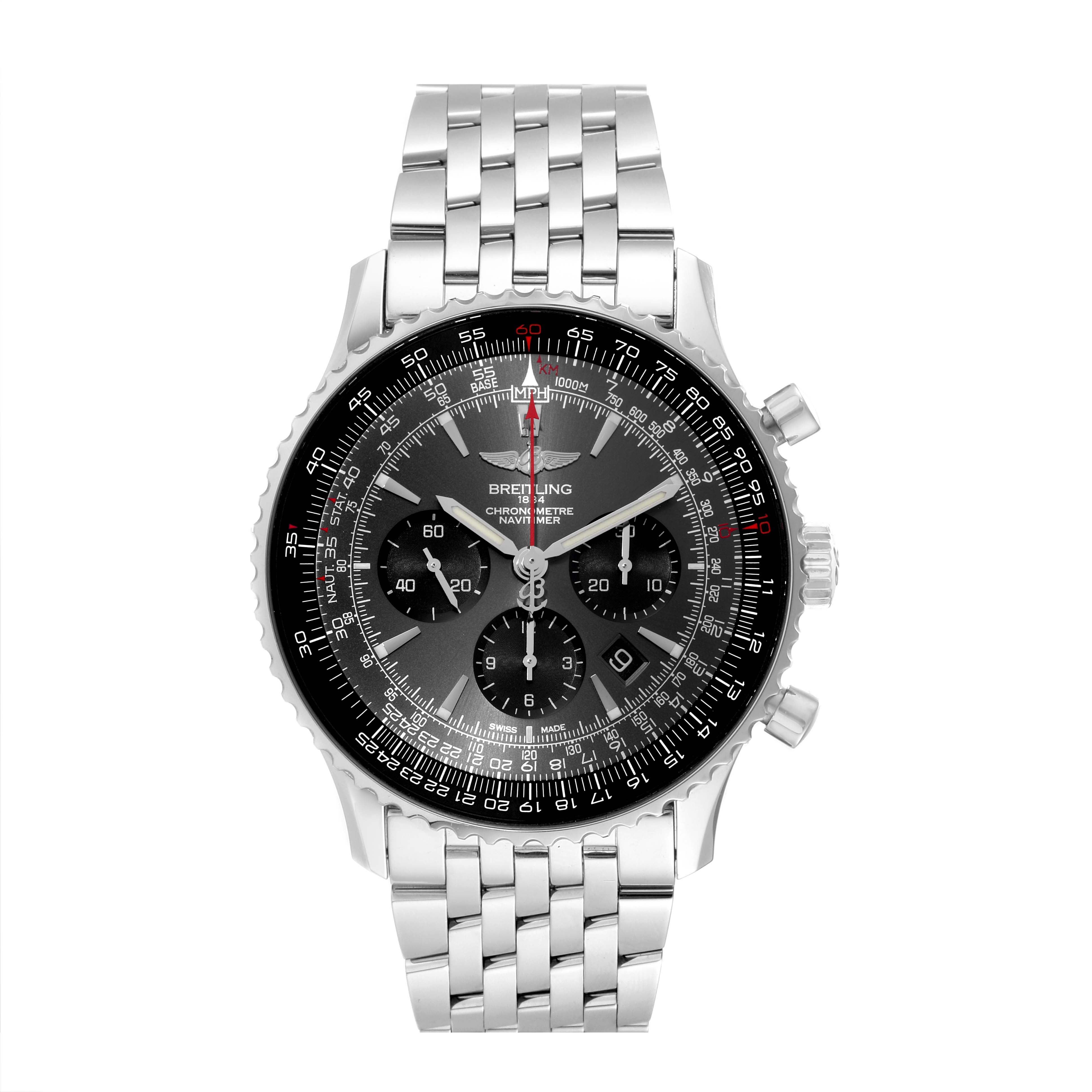 The Breitling Navitimer AB01271A/F570 Men
s Stainless Steel Grey Dial AB01271A/F570 Men
s Stainless Steel Grey Dial Limited Series is shown from the front, displaying the face, bezel, chronograph dials, and stainless steel bracelet.