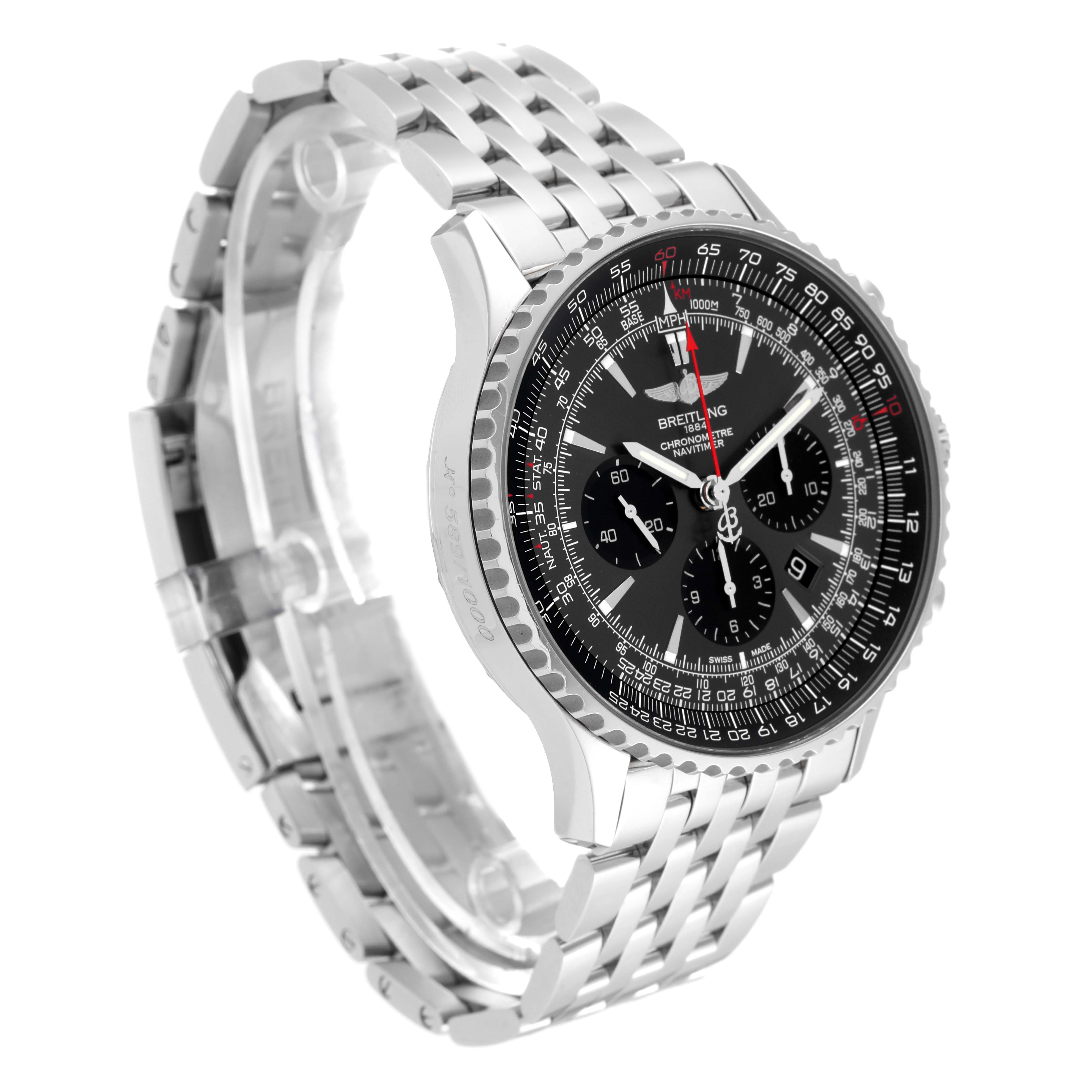 The angled side view highlights the Breitling Limited Series watch
s metal bracelet and detailed black dial.