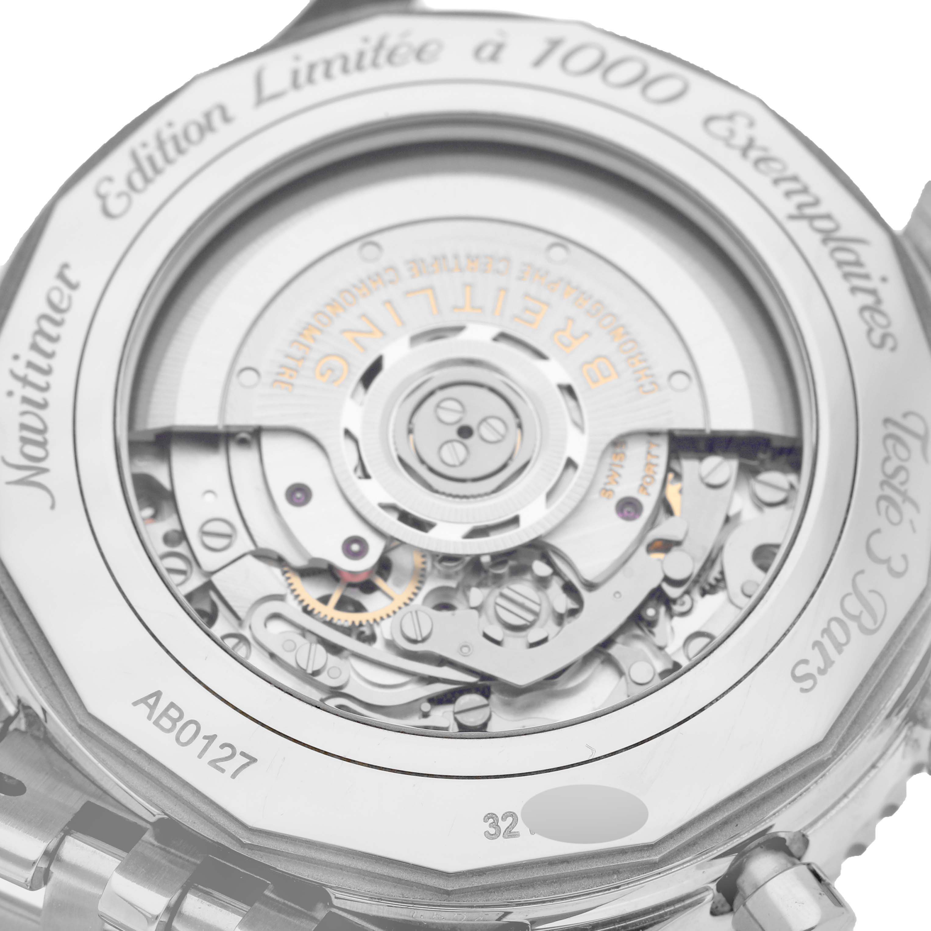 The image shows the back view of a Breitling Navitimer AB01271A/F570 Men
s Stainless Steel Grey Dial AB01271A/F570 Men
s Stainless Steel Grey Dial Limited Series watch, highlighting its intricate movement and rotor.