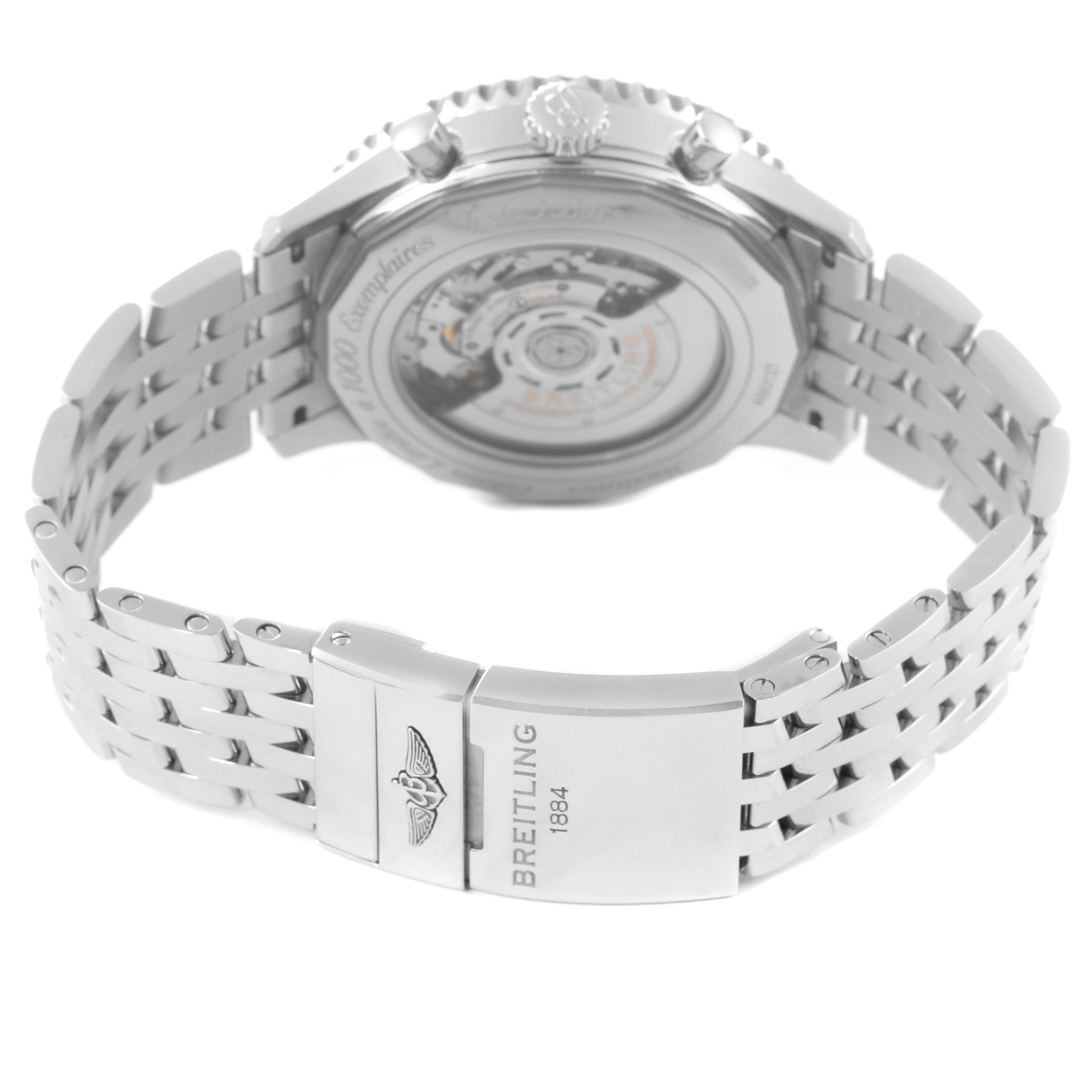 This image shows the back and stainless steel bracelet clasp of the Breitling Limited Series model watch.