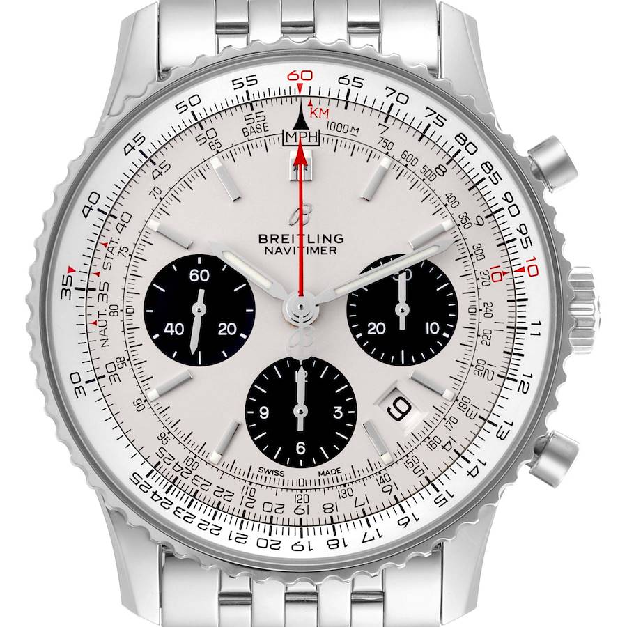 The Breitling Navitimer watch is shown from the front, displaying its dial, bezel, and metal bracelet.