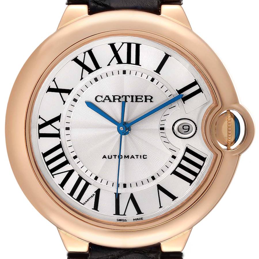 The Cartier Ballon Bleu W6900651 Men's Rose Gold Silver Dial watch is shown from the front, displaying its dial, Roman numerals, blued hands, and crown.