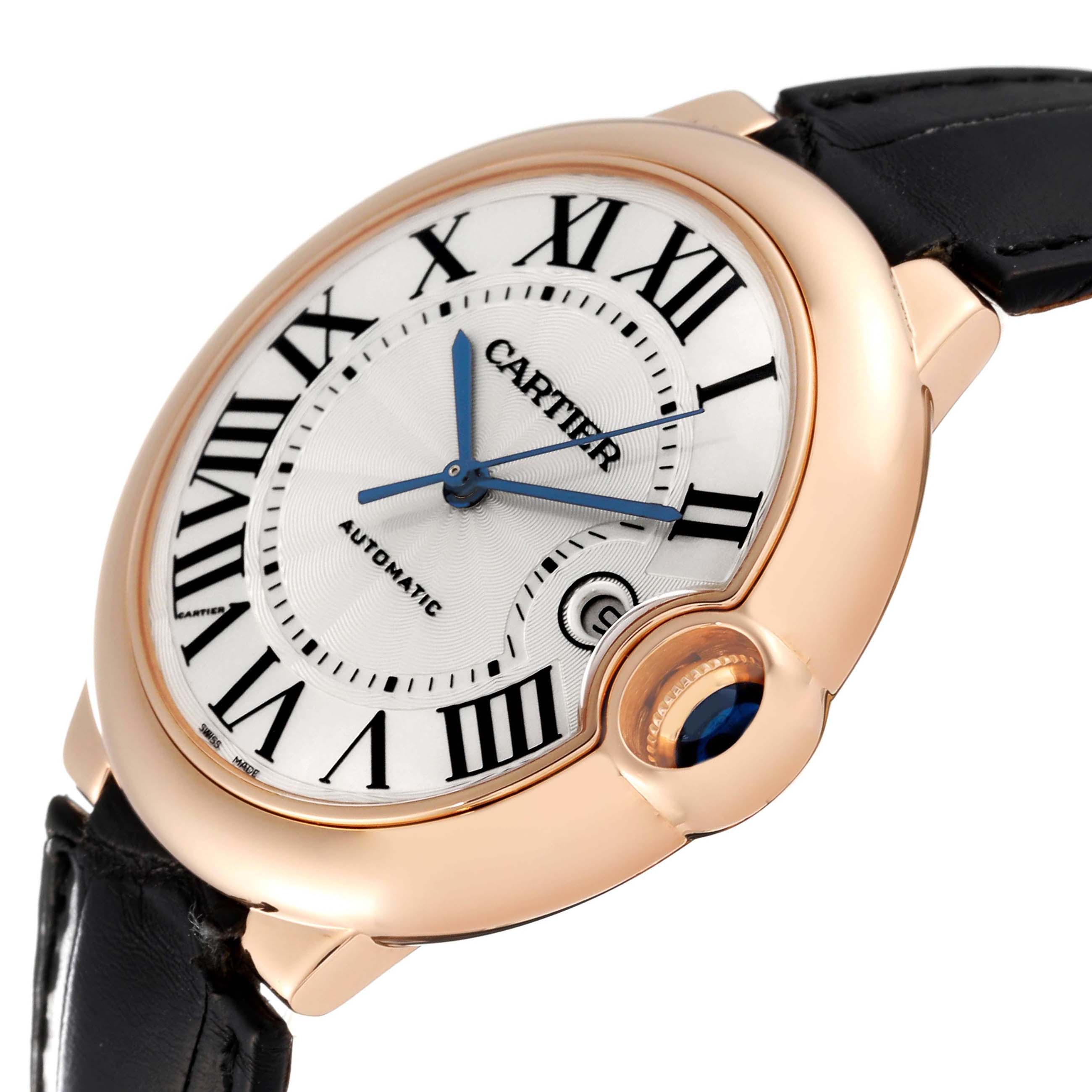 The image shows a Cartier Ballon Bleu W6900651 Men's Rose Gold Silver Dial watch at an angled view, highlighting the dial, Roman numerals, and crown with a blue cabochon.