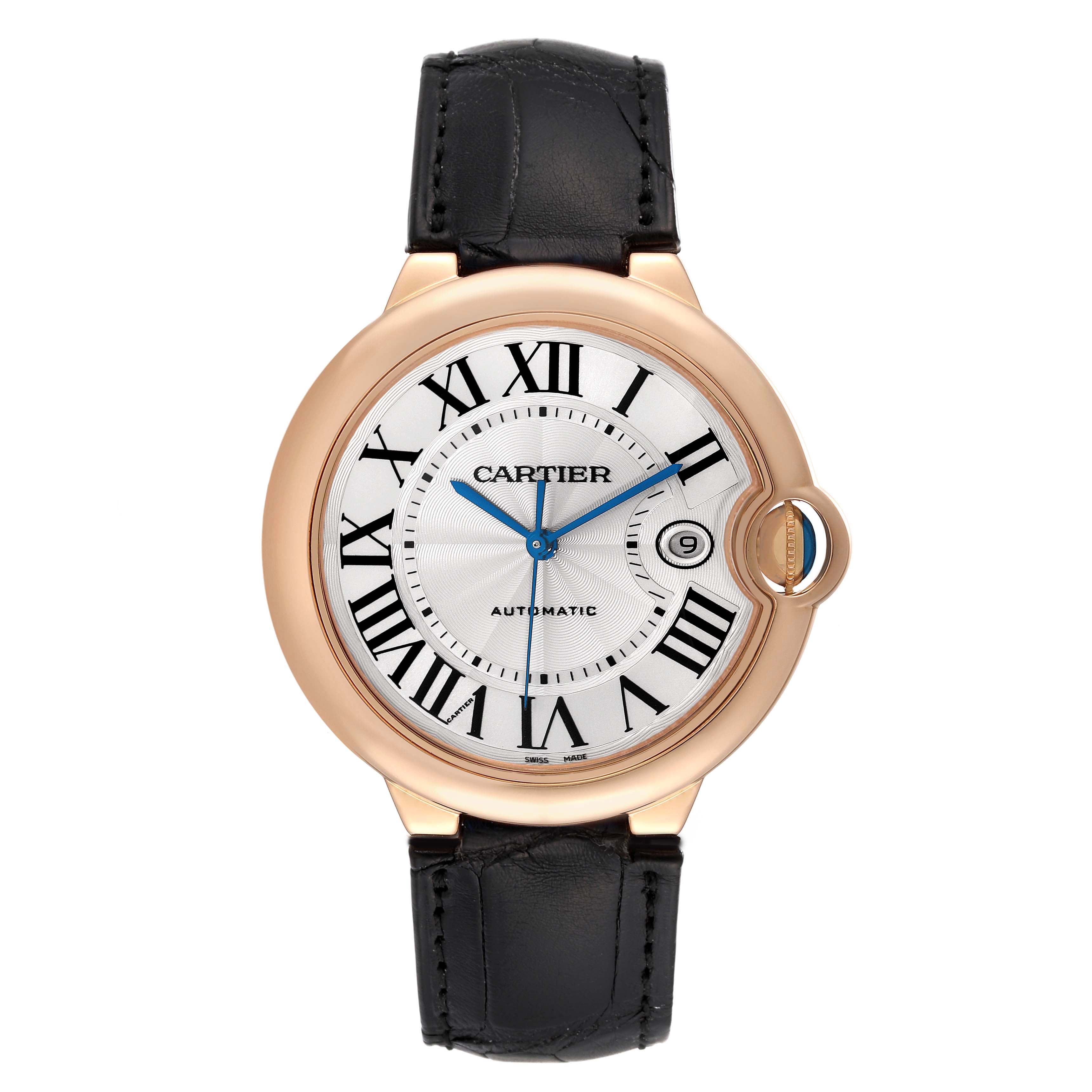The Cartier Ballon Bleu W6900651 Men's Rose Gold Silver Dial watch is shown from a front angle, highlighting its Roman numerals, blue hands, and crown.