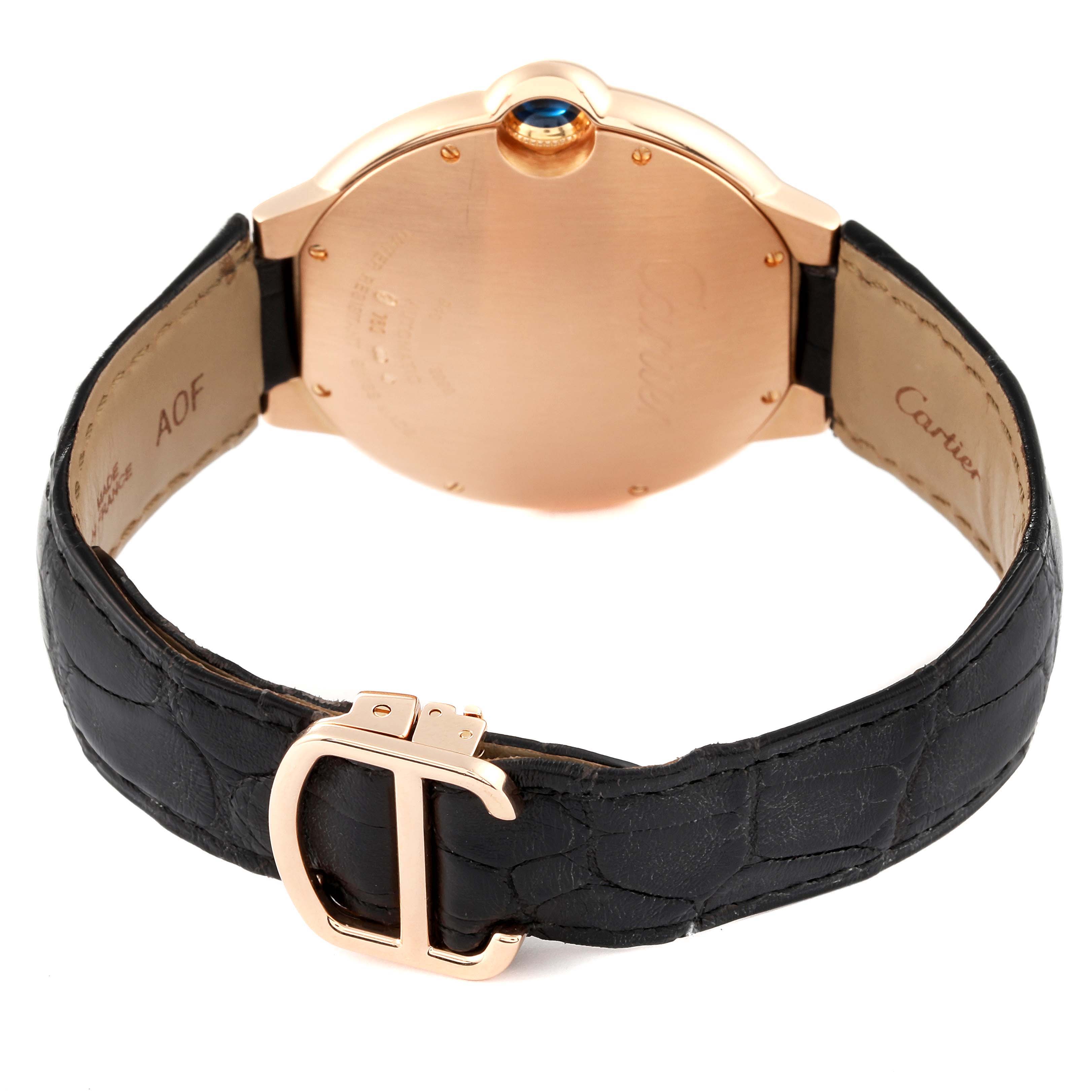 The image shows the back of a Cartier Ballon Bleu W6900651 Men's Rose Gold Silver Dial W6900651 Men's Rose Gold Silver Dial watch, featuring a leather strap and clasp.