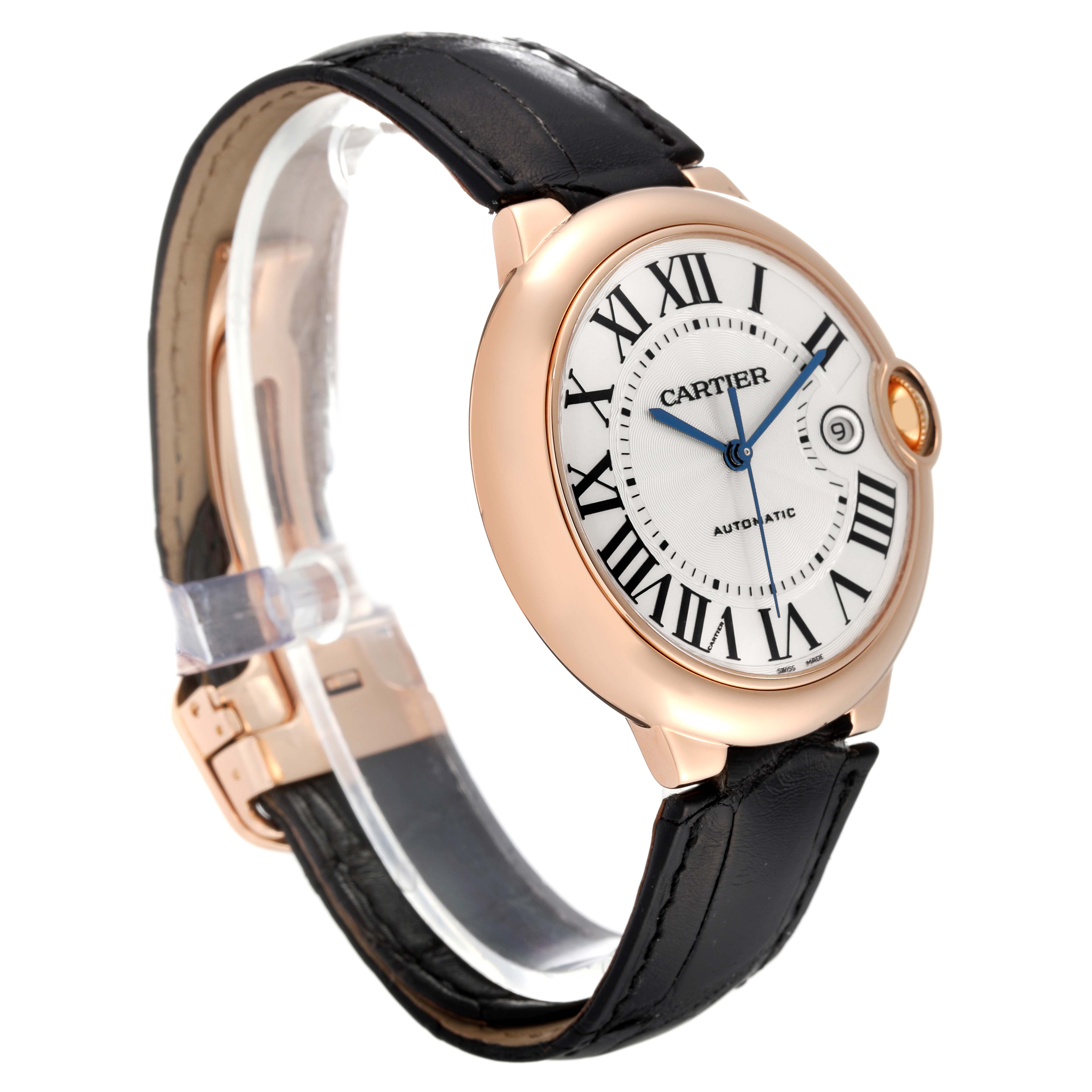 The image shows a side view of a Cartier Ballon Bleu W6900651 Men's Rose Gold Silver Dial W6900651 Men's Rose Gold Silver Dial watch, highlighting its Roman numeral dial and leather strap.