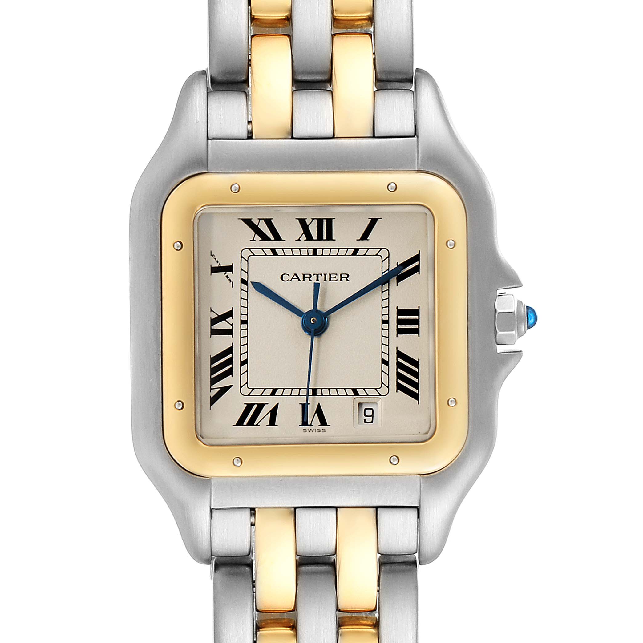 The image shows a front view of a Cartier Panthere W25028B8 Men
s Steel and Gold (two tone) Silver Dial W25028B8 Men
s Steel and Gold (two tone) Silver Dial watch, highlighting its face, bezel, and part of the bracelet.