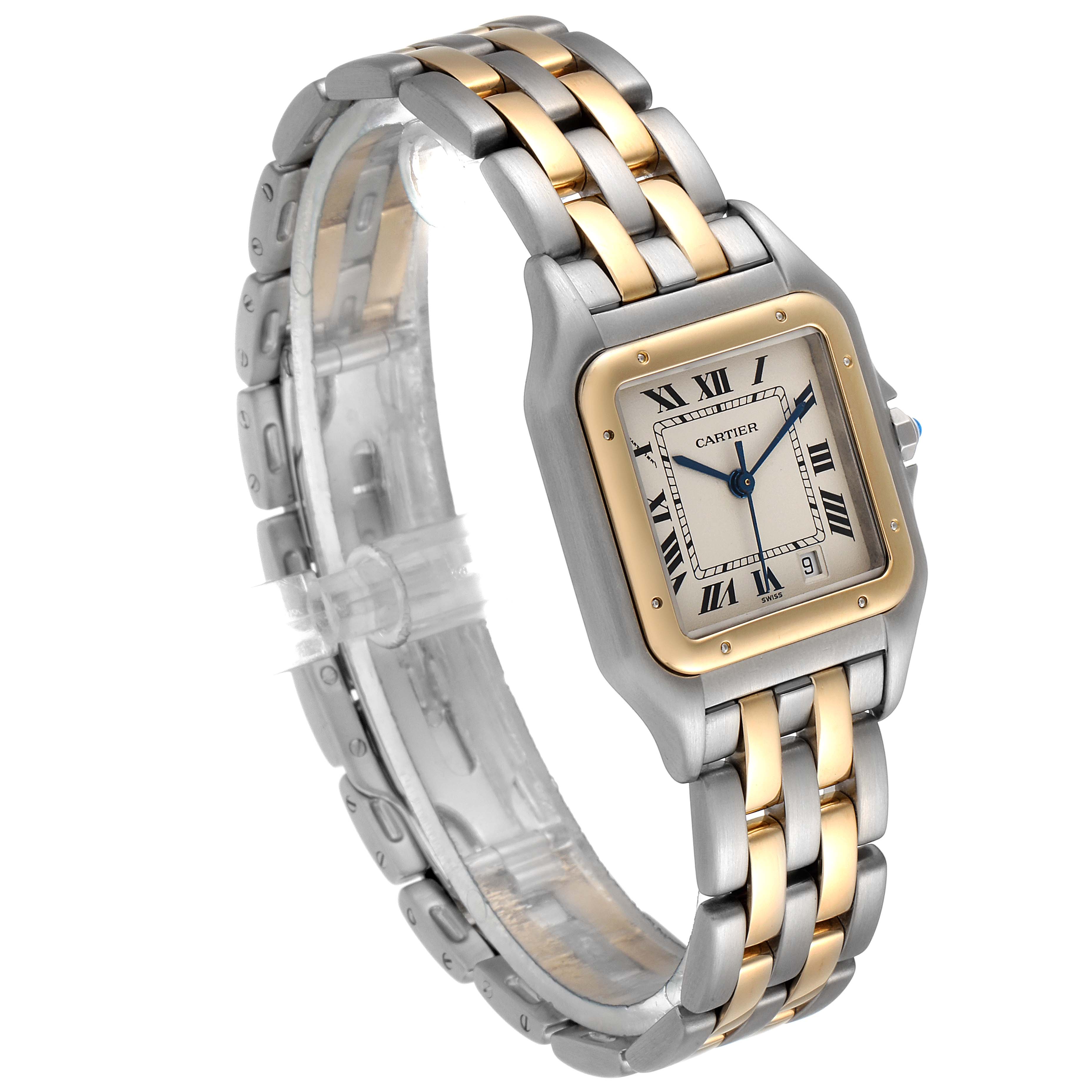 This image shows a Cartier Panthere W25028B8 Men
s Steel and Gold (two tone) Silver Dial W25028B8 Men
s Steel and Gold (two tone) Silver Dial watch at a three-quarter angle, highlighting its two-tone bracelet and rectangular face.
