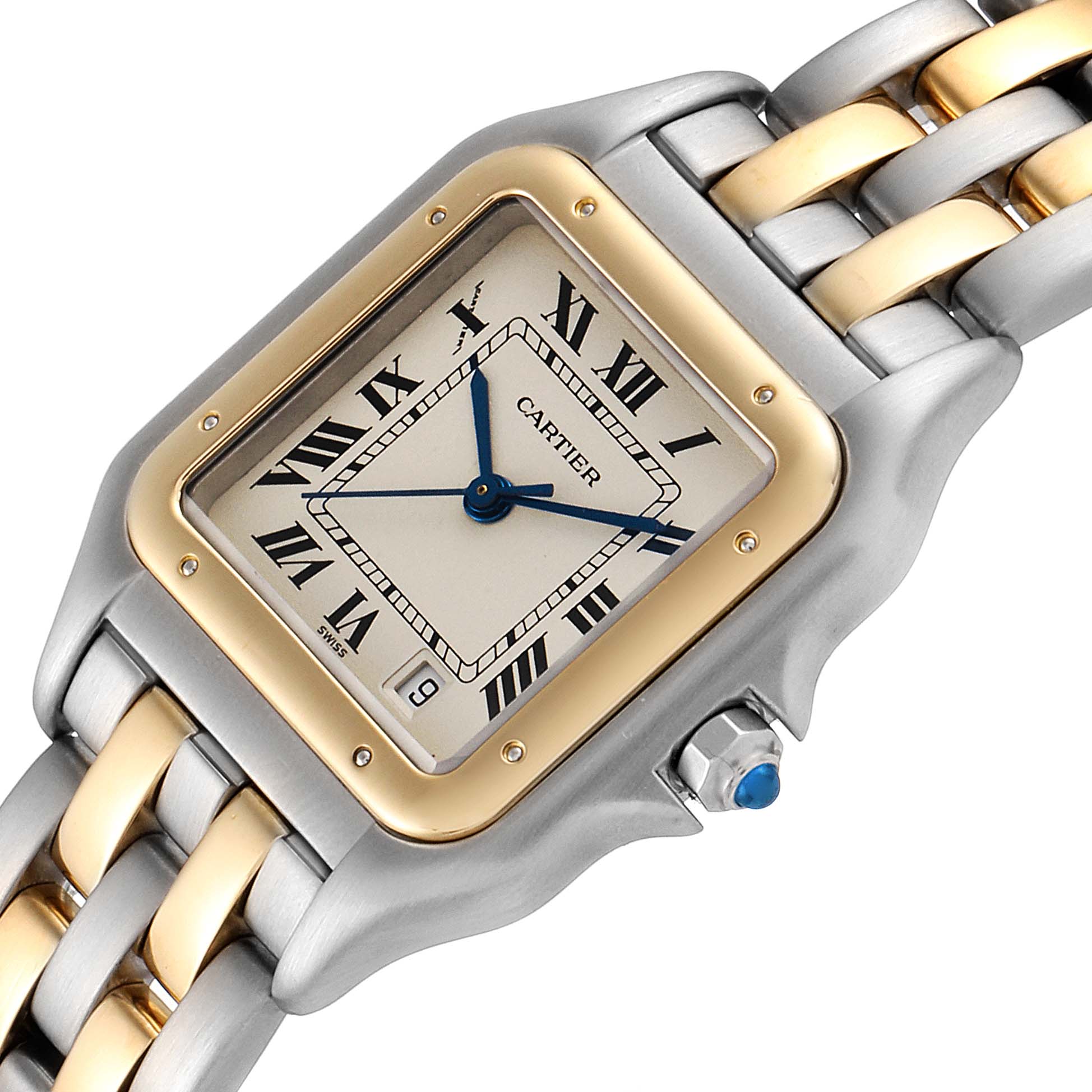 The image shows a Cartier Panthere W25028B8 Men
s Steel and Gold (two tone) Silver Dial W25028B8 Men
s Steel and Gold (two tone) Silver Dial watch at an angled view, highlighting its face, bezel, and part of the bracelet.