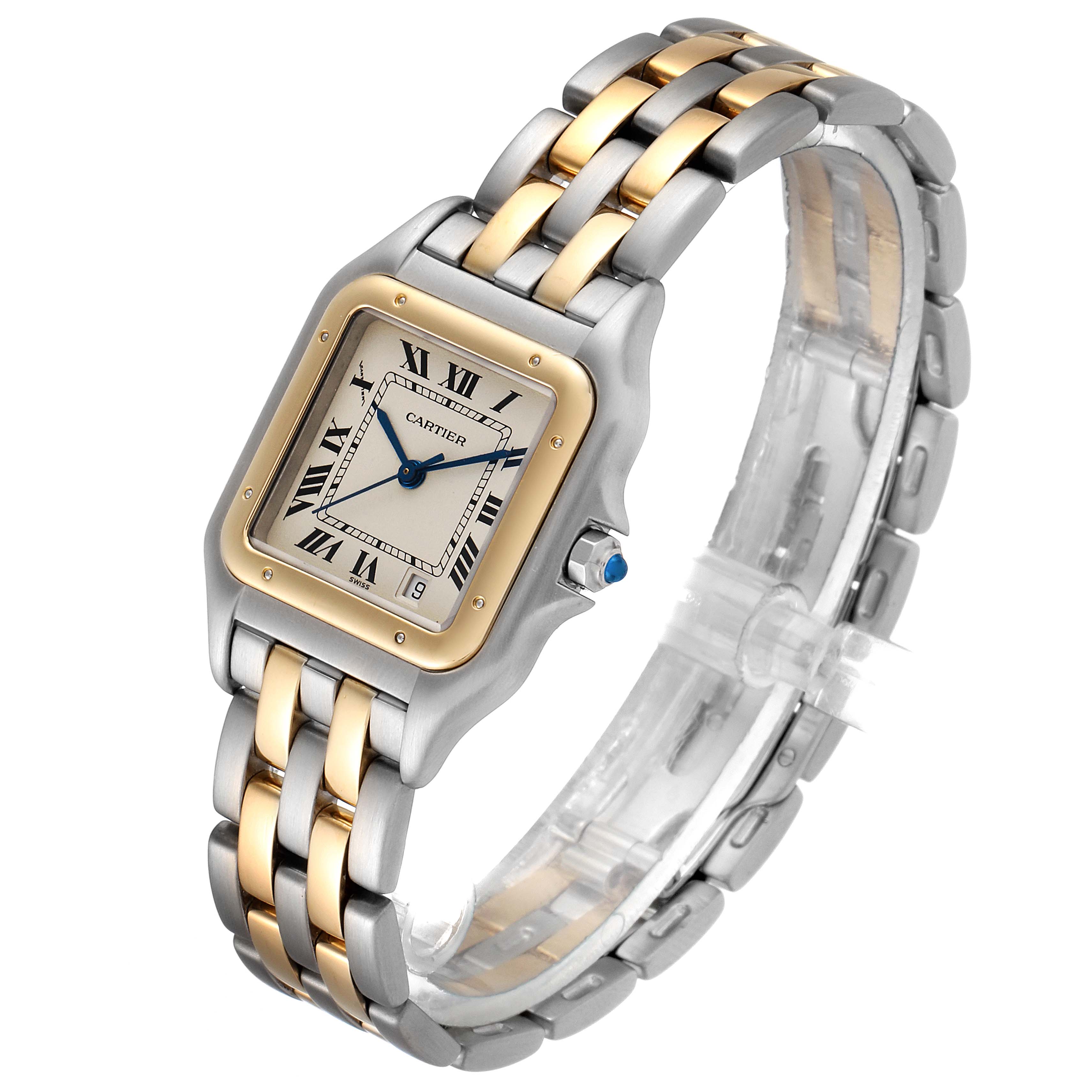 The image shows the Cartier Panthere W25028B8 Men
s Steel and Gold (two tone) Silver Dial W25028B8 Men
s Steel and Gold (two tone) Silver Dial watch at a tilted front angle, displaying its face, bezel, and two-tone metal bracelet.