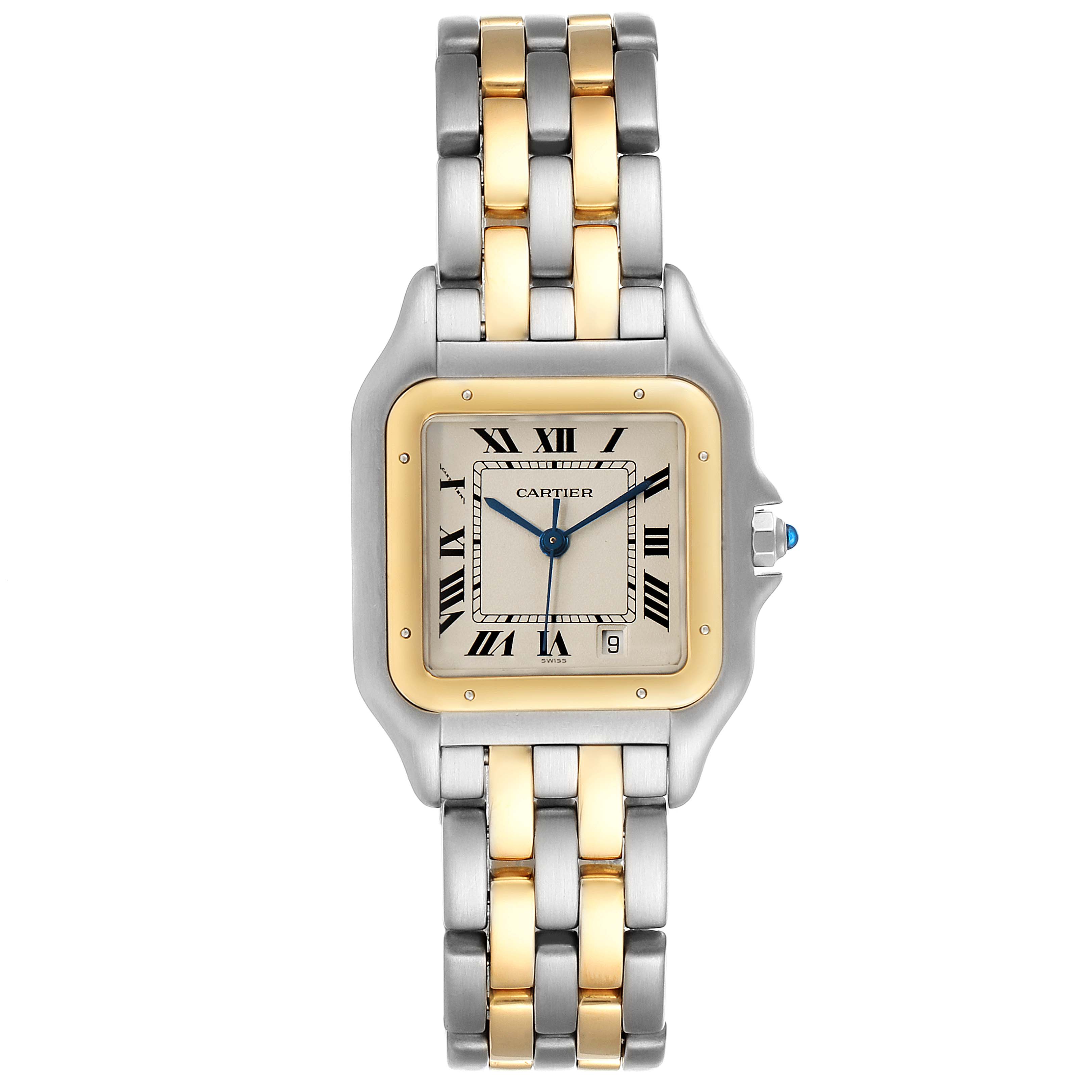 The image shows a front view of a Cartier Panthere W25028B8 Men
s Steel and Gold (two tone) Silver Dial W25028B8 Men
s Steel and Gold (two tone) Silver Dial model watch with a two-tone bracelet, square face, and Roman numeral dial.
