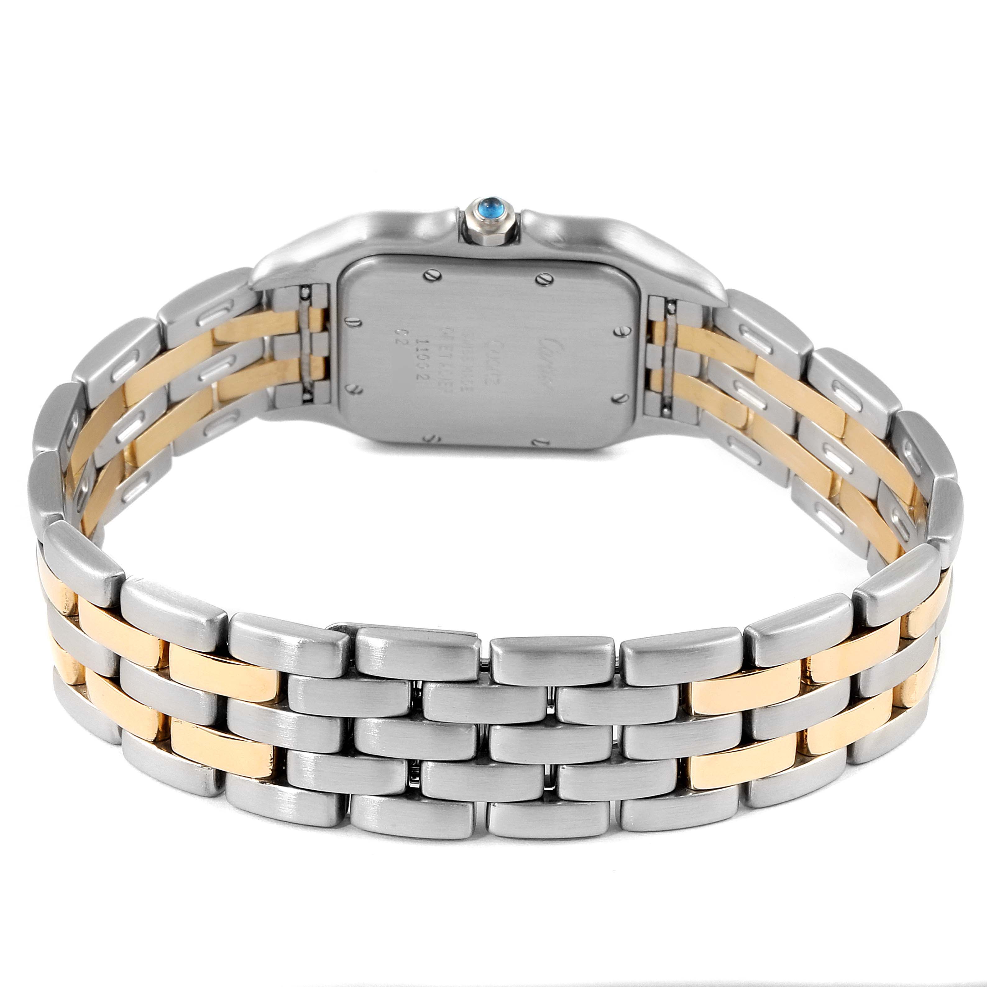 This image shows the back view of the Panthère de Cartier watch, highlighting its two-tone metal bracelet and case back.