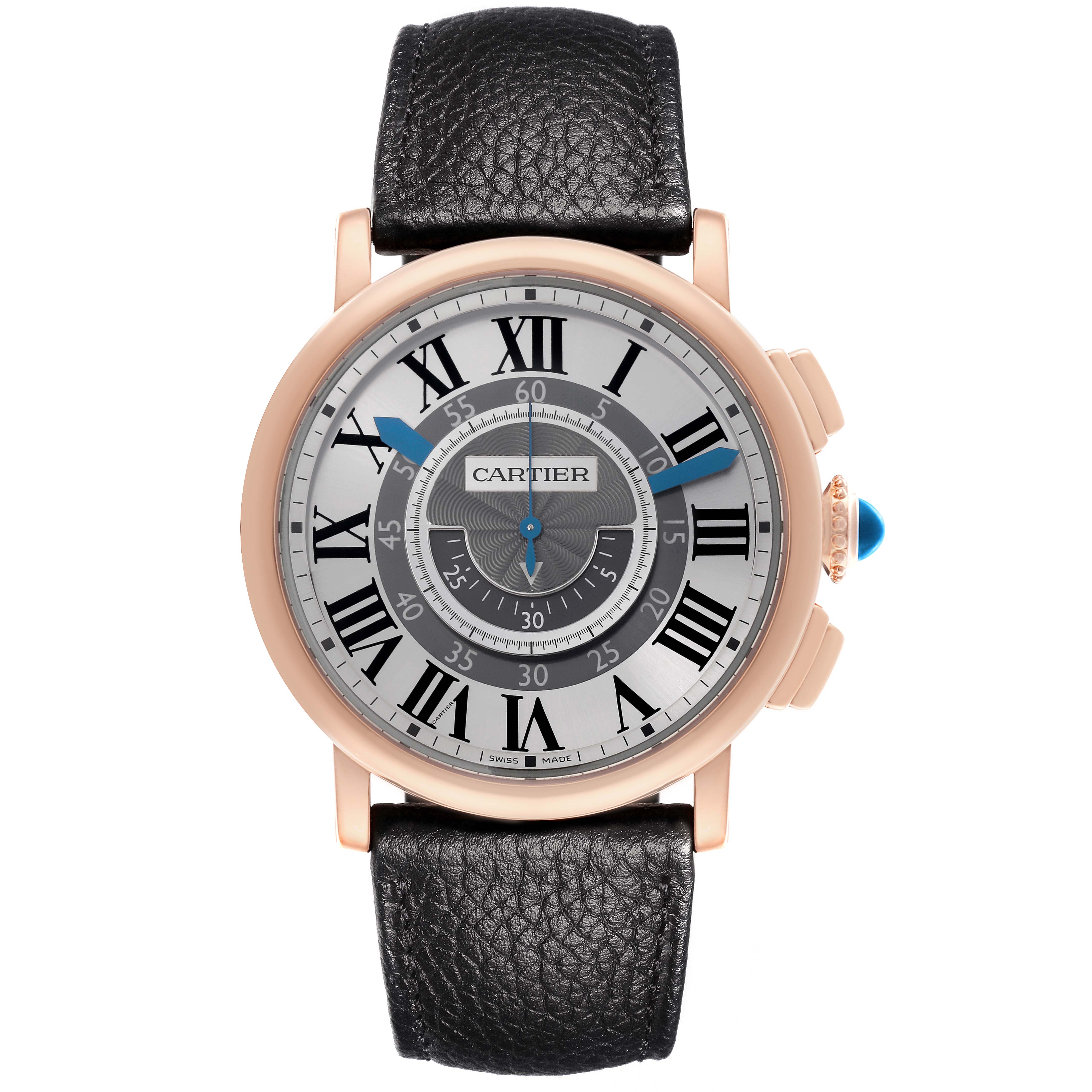 The Cartier Rotonde W1555951 Men
s Rose Gold Grey Dial W1555951 Men
s Rose Gold Grey Dial watch is shown from a front angle, displaying its dial, case, bezel, and leather strap.