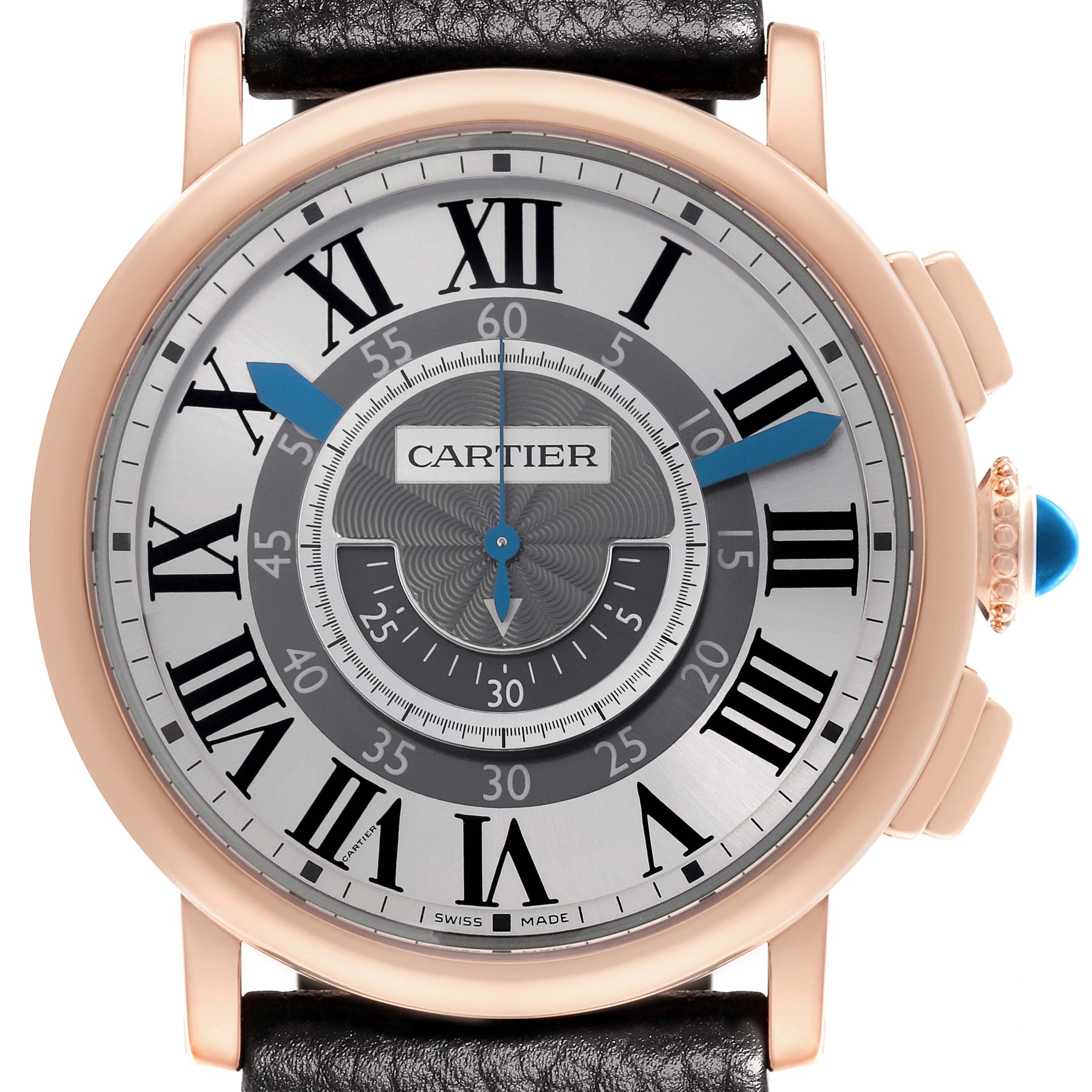 The Cartier Rotonde W1555951 Men
s Rose Gold Grey Dial W1555951 Men
s Rose Gold Grey Dial watch is shown from the front, displaying its Roman numerals, blue hands, and decorative crown.