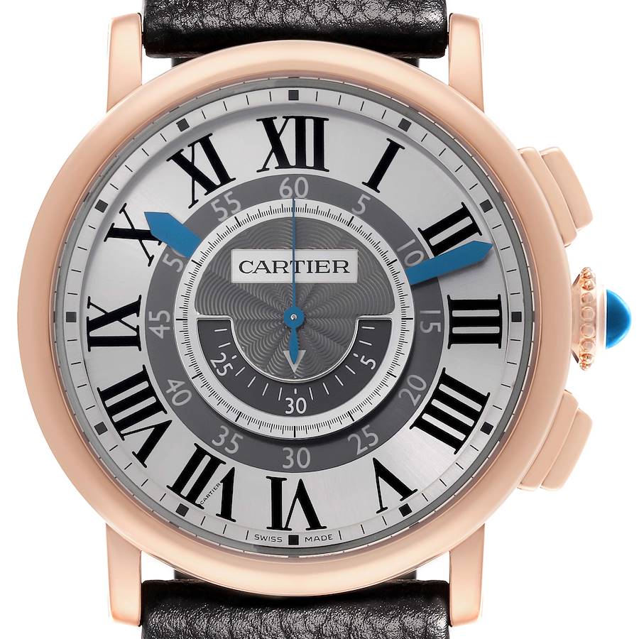 The Cartier Rotonde watch is shown from the front, displaying its Roman numerals, blue hands, and decorative crown.