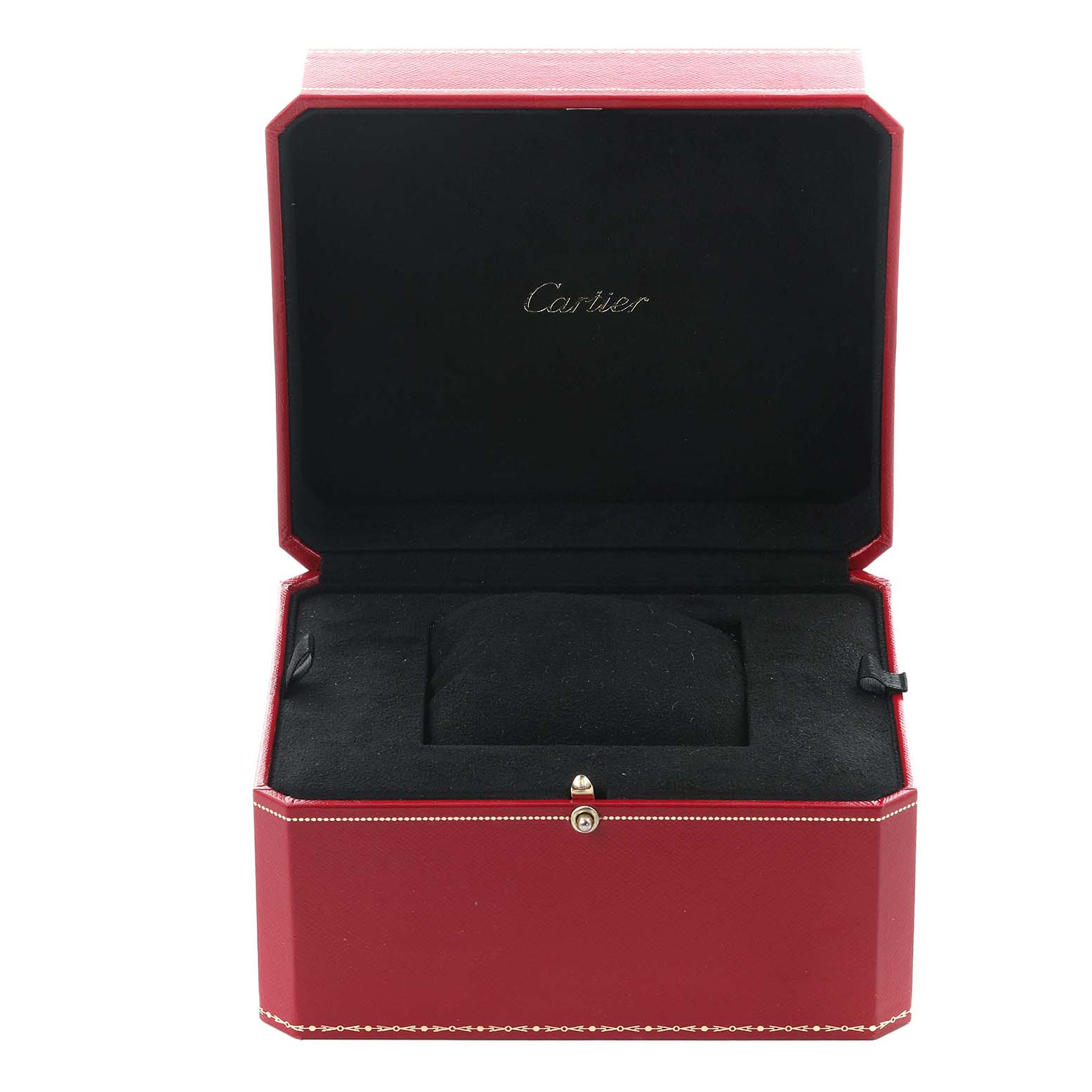 This image shows an open Cartier watch box for the Rotonde model, showcasing its luxurious red and black design.
