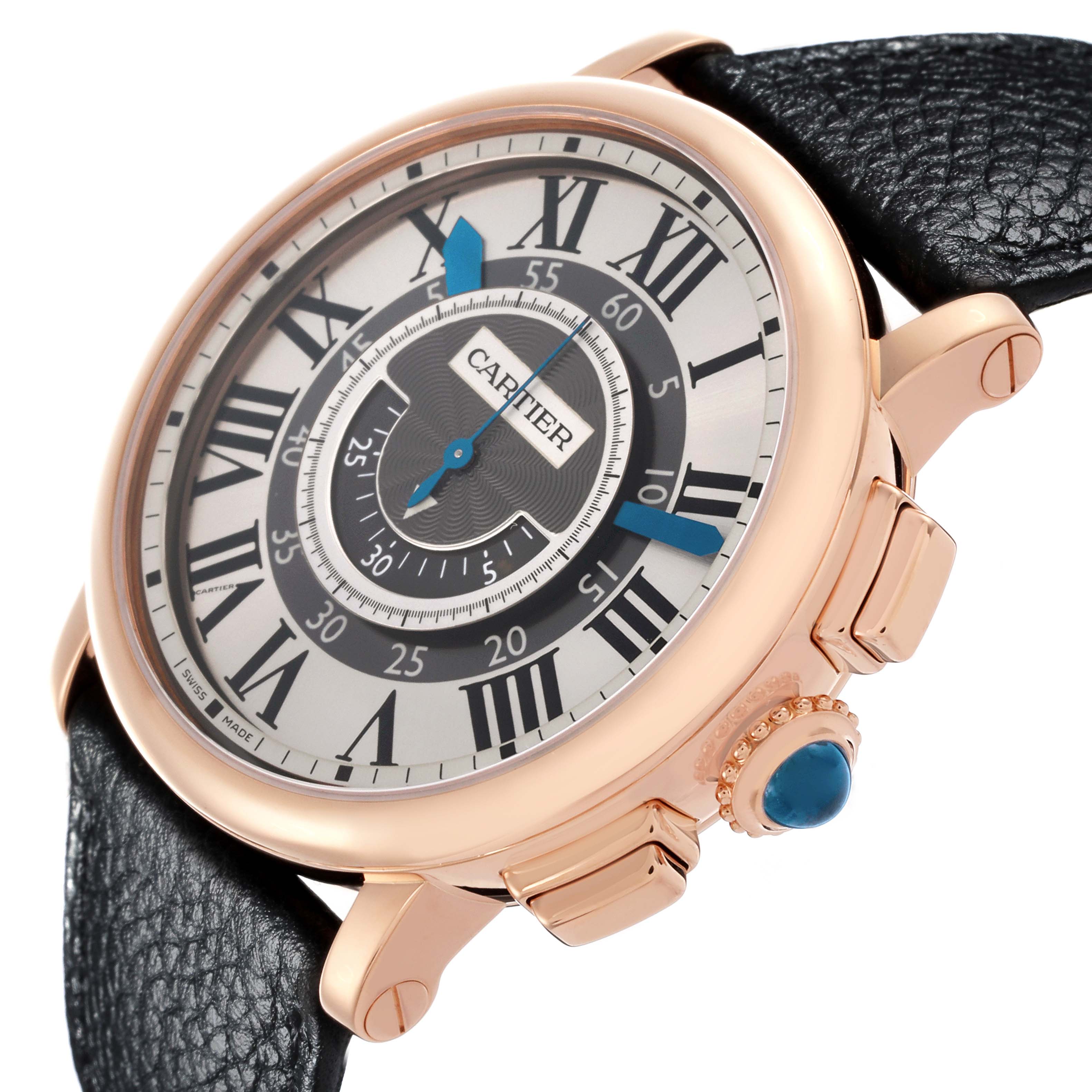 The Cartier Rotonde W1555951 Men
s Rose Gold Grey Dial W1555951 Men
s Rose Gold Grey Dial watch is shown at a slight angle, highlighting the face, crown, and part of the leather strap.