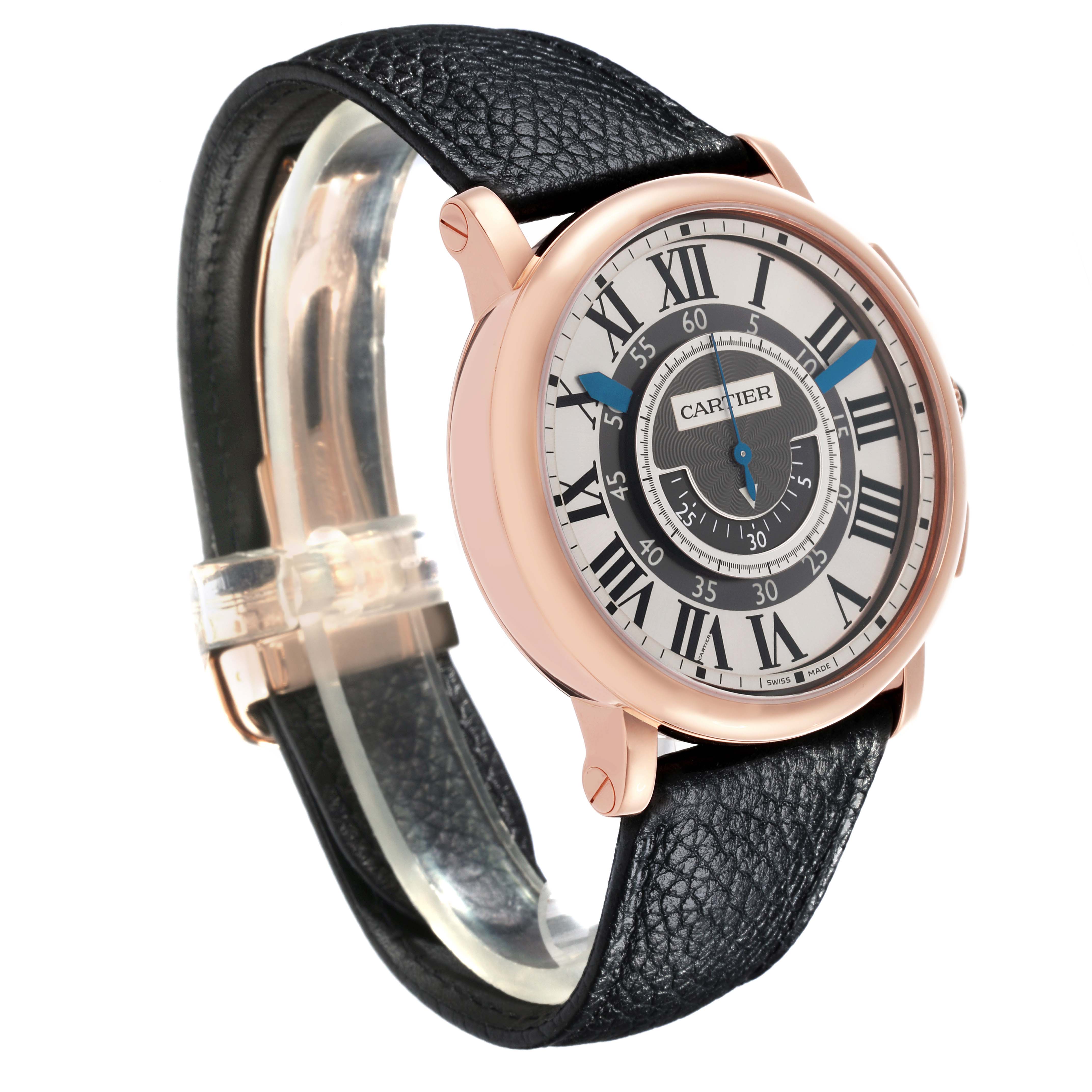 The Cartier Rotonde W1555951 Men
s Rose Gold Grey Dial W1555951 Men
s Rose Gold Grey Dial watch is shown at a three-quarter angle, highlighting its face, case, and strap.