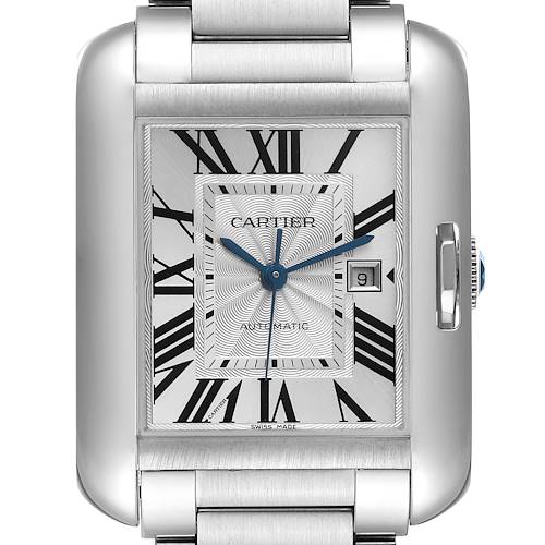 The Cartier Tank Anglaise watch is shown from a top view, highlighting the face, Roman numerals, and part of the bracelet.