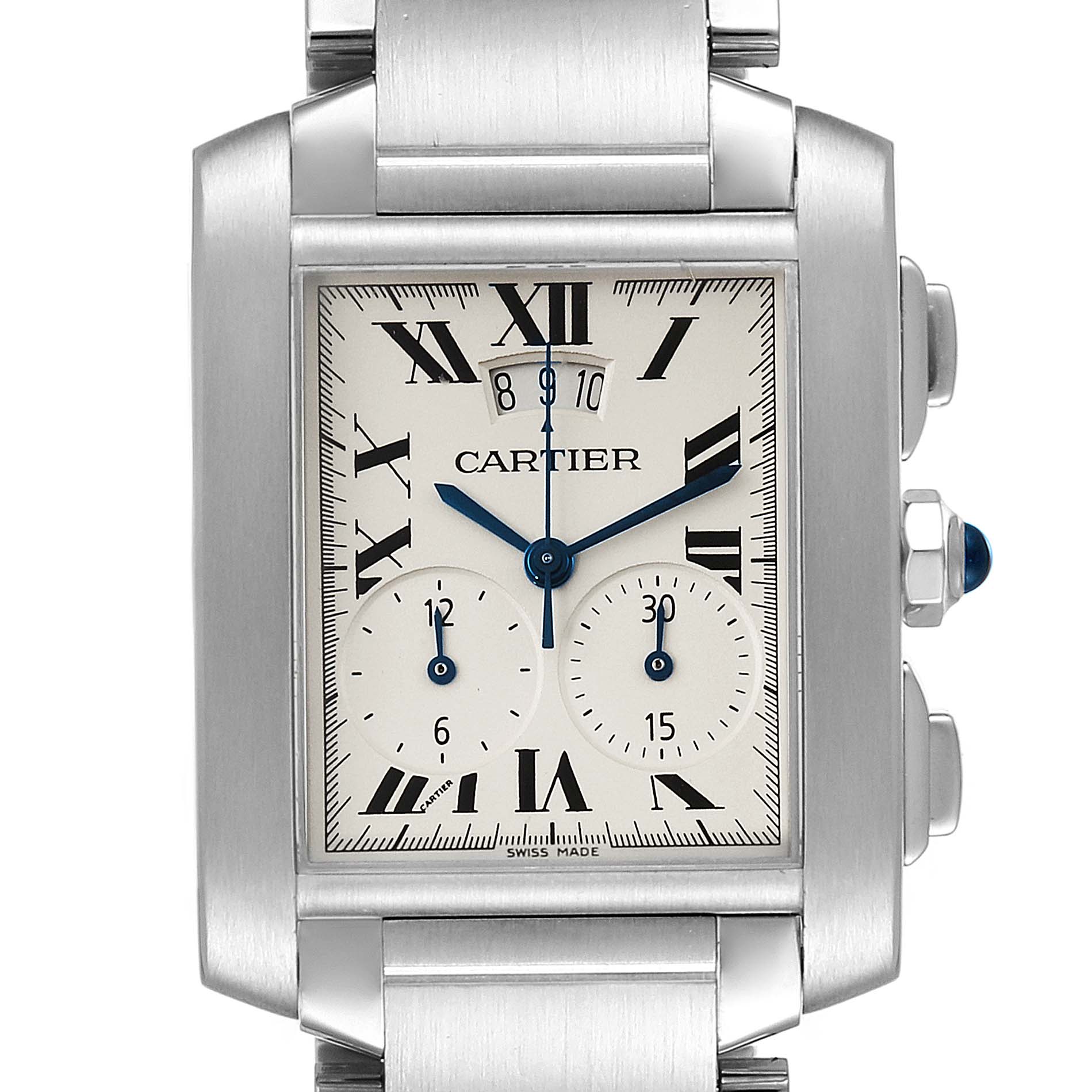 The image shows a front view of the Cartier Tank Française watch, displaying its face, Roman numerals, subdials, and side screws.
