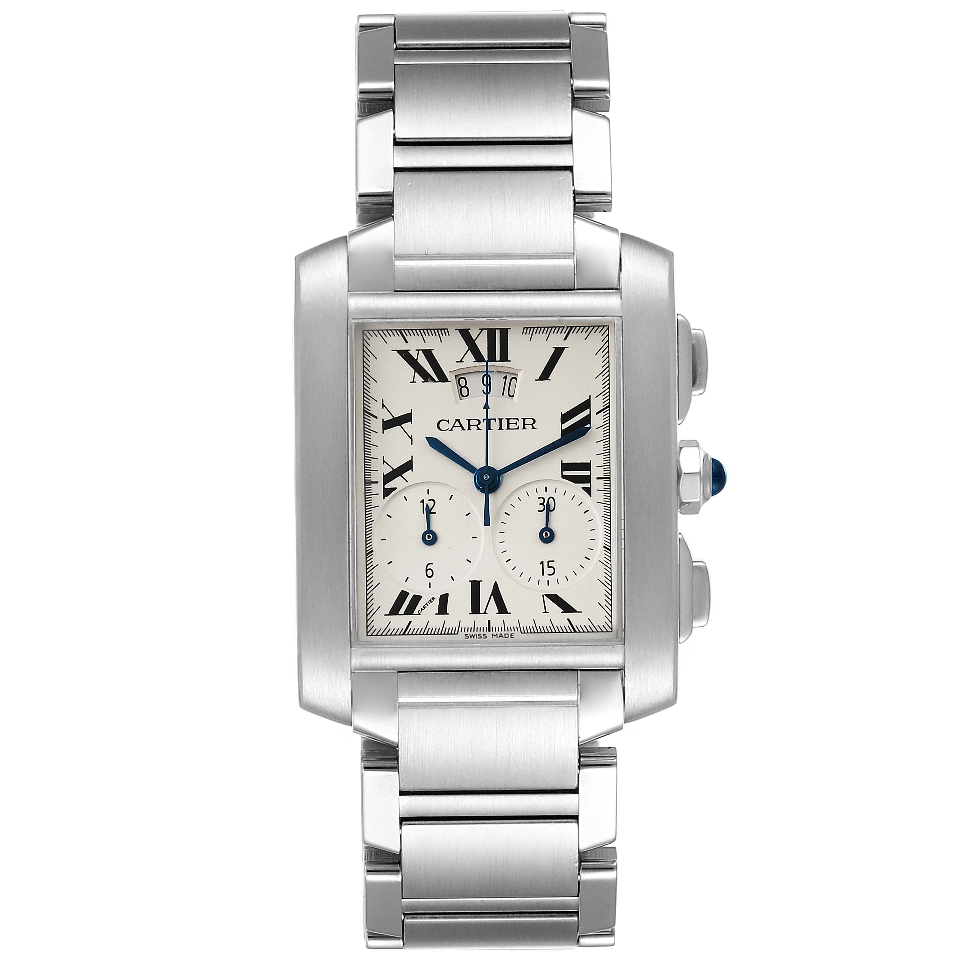 The image shows a front view of a Cartier Tank Francaise W51024Q3 Men's Stainless Steel Silver Dial W51024Q3 Men's Stainless Steel Silver Dial watch, displaying its face and metal bracelet.