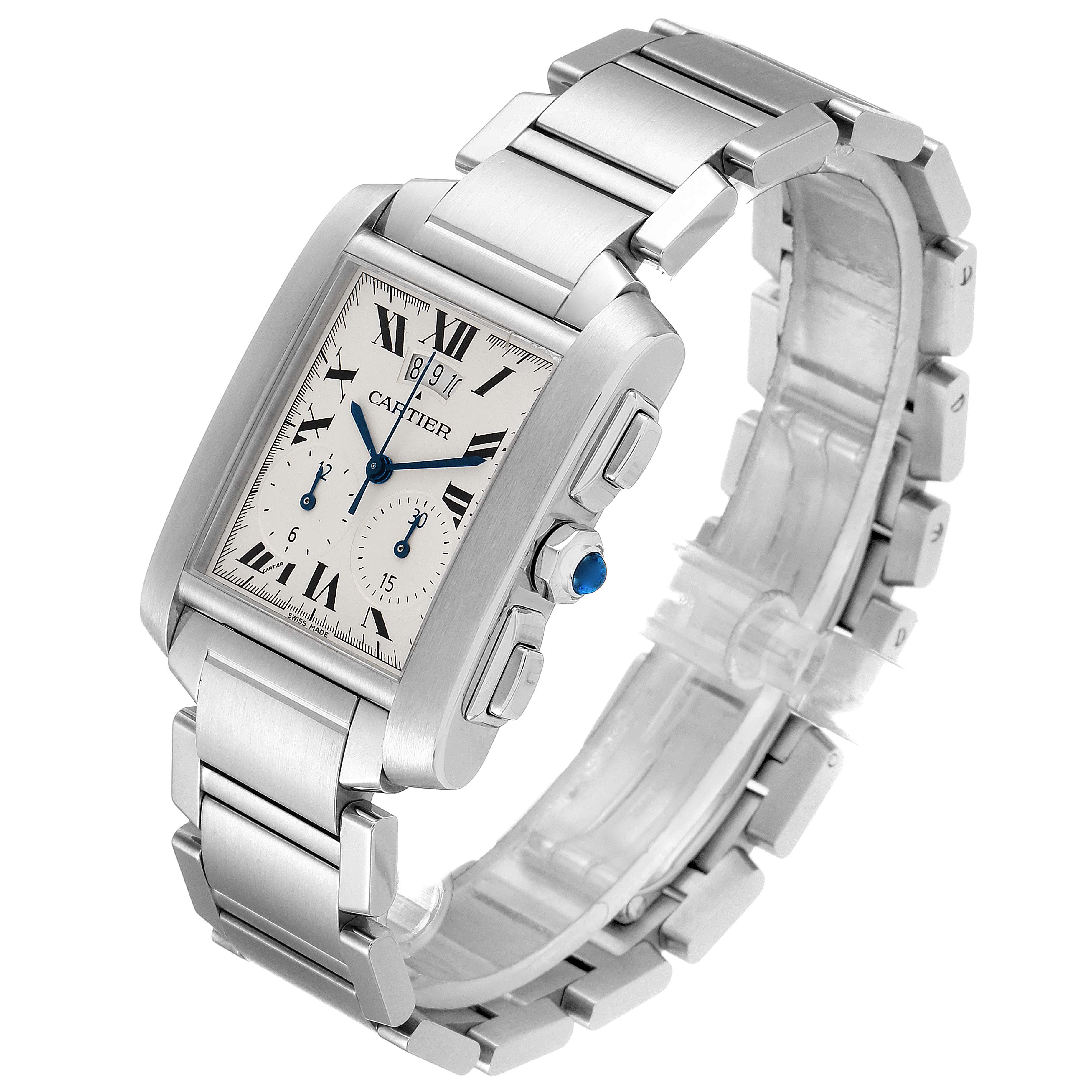 The image shows a Cartier Tank Francaise W51024Q3 Men's Stainless Steel Silver Dial W51024Q3 Men's Stainless Steel Silver Dial watch at an angle highlighting the bracelet, rectangular face, dials, and crown with a blue gemstone.