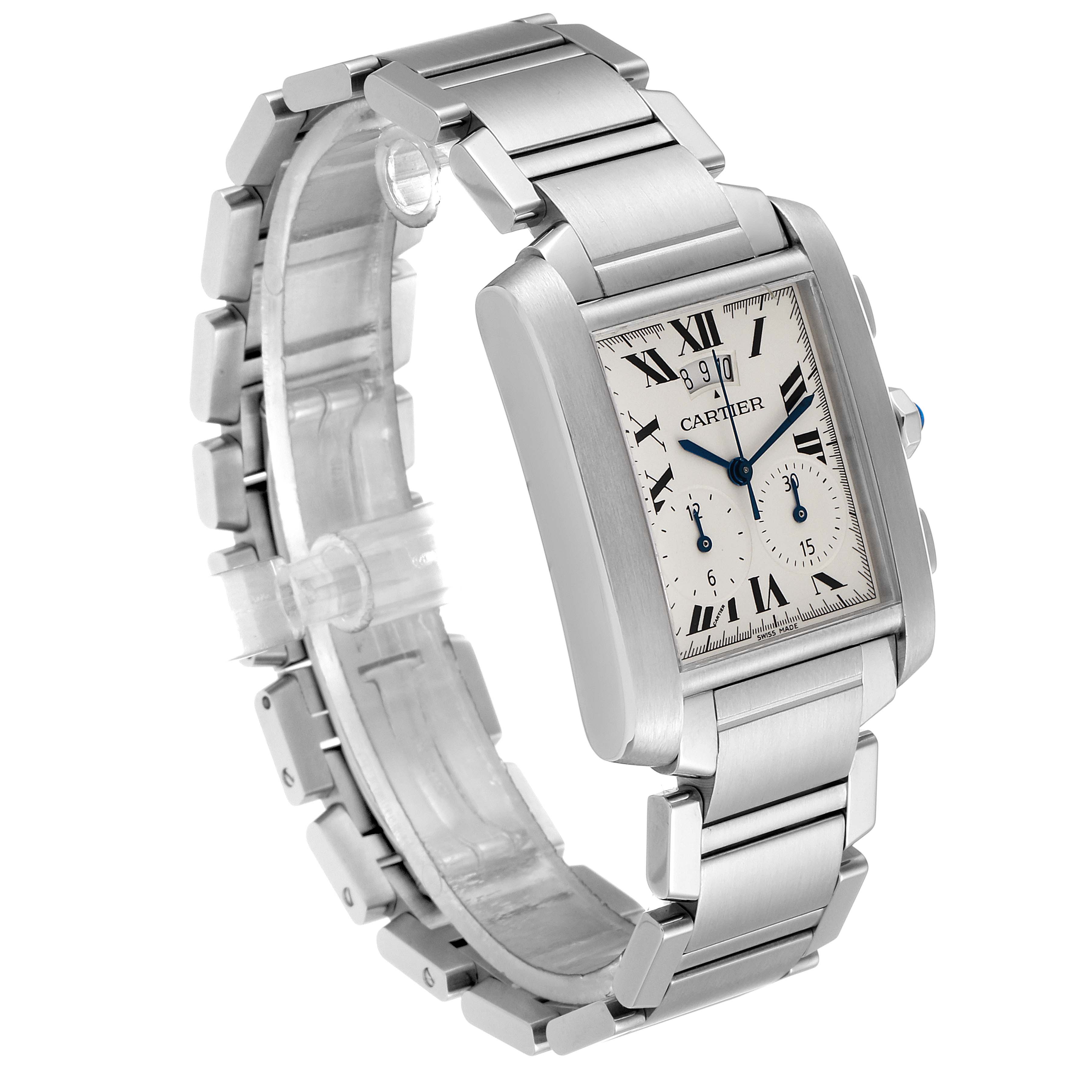 The image shows a Cartier Tank Francaise W51024Q3 Men's Stainless Steel Silver Dial W51024Q3 Men's Stainless Steel Silver Dial watch at a three-quarter angle, highlighting its rectangular face and metal bracelet.