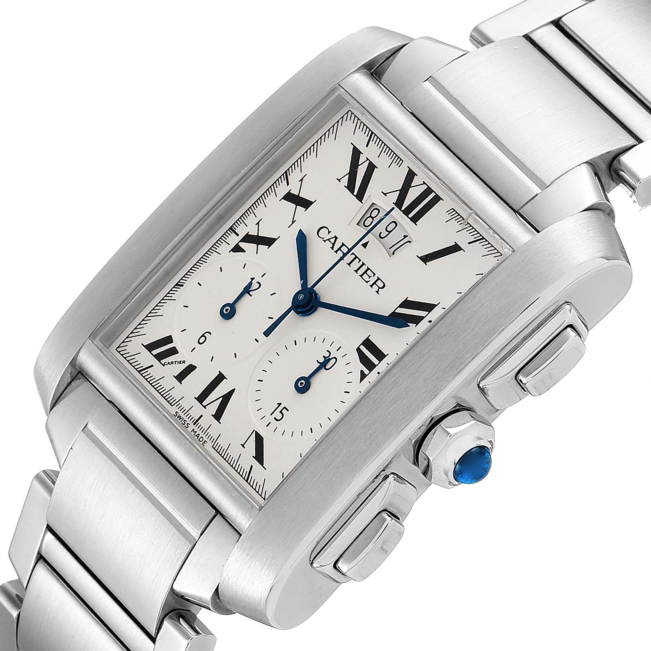 This image showcases a Cartier Tank Francaise W51024Q3 Men's Stainless Steel Silver Dial W51024Q3 Men's Stainless Steel Silver Dial watch from a slightly tilted side angle, highlighting its face, crown, and part of the bracelet.